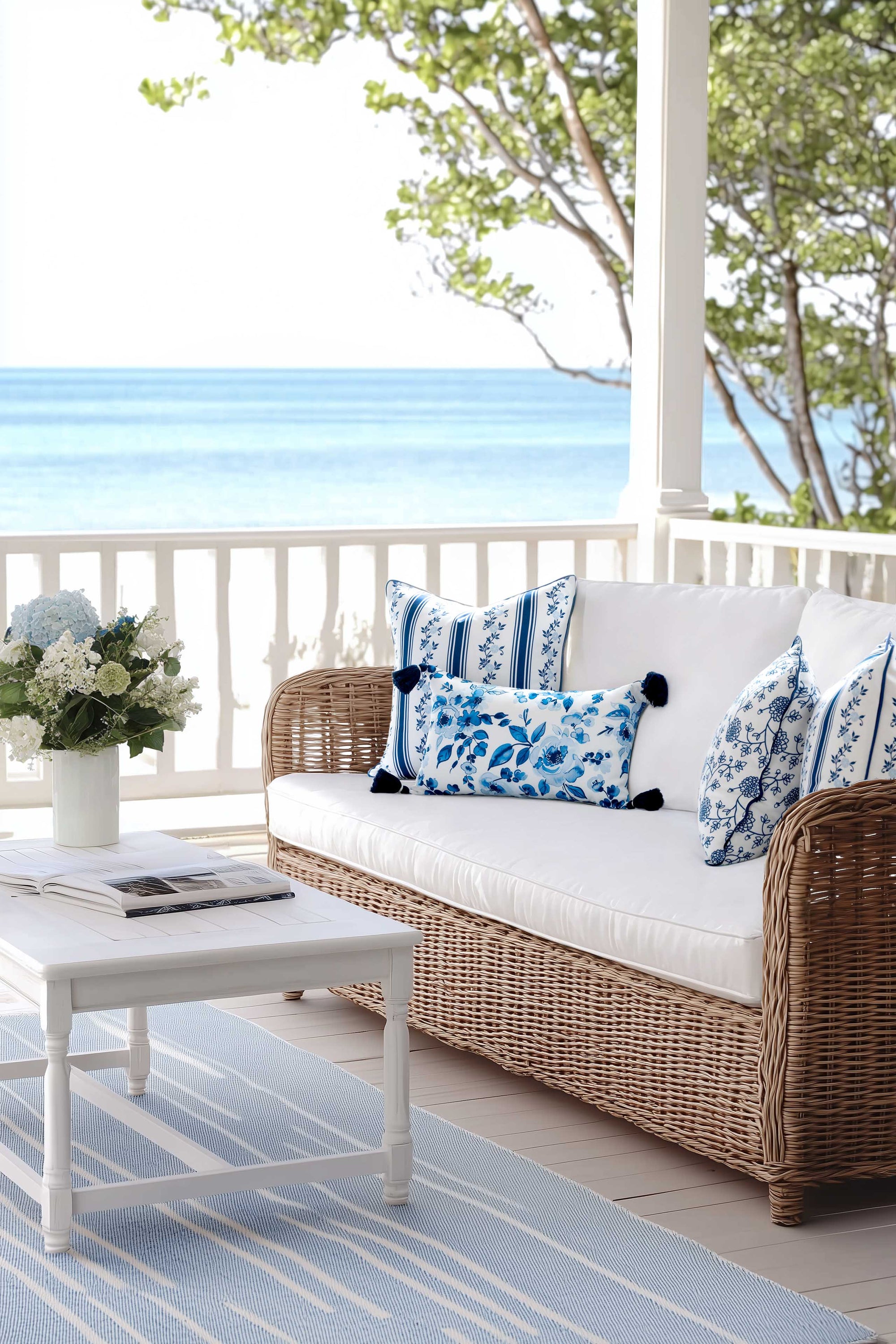 Coastal Indoor Outdoor Scalloped Throw Pillow Cover Only, Dahlia Floral, Navy Blue, 20&quot;x20&quot;