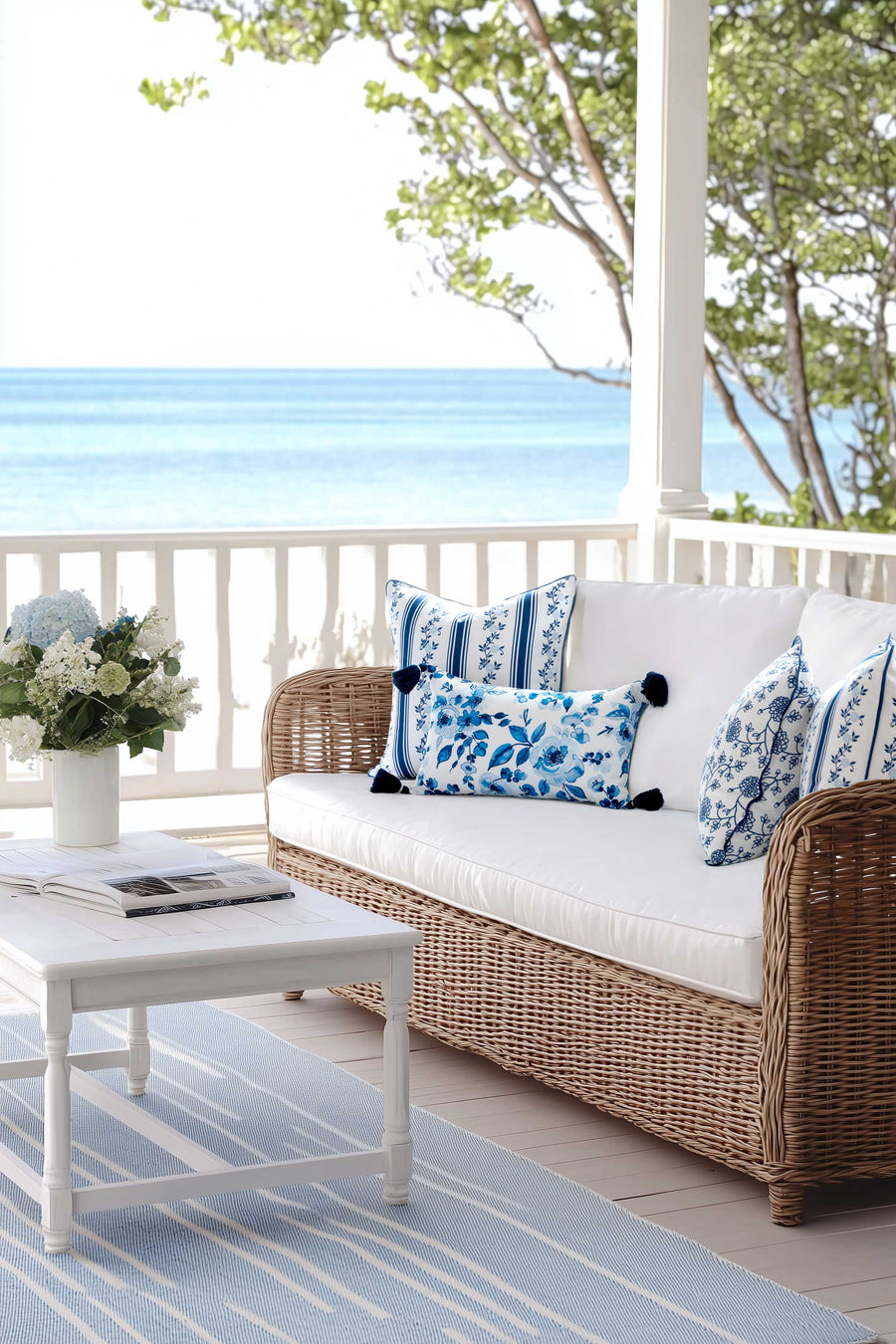 Coastal Indoor Outdoor Scalloped Throw Pillow Cover Only, Dahlia Floral, Navy Blue, 20