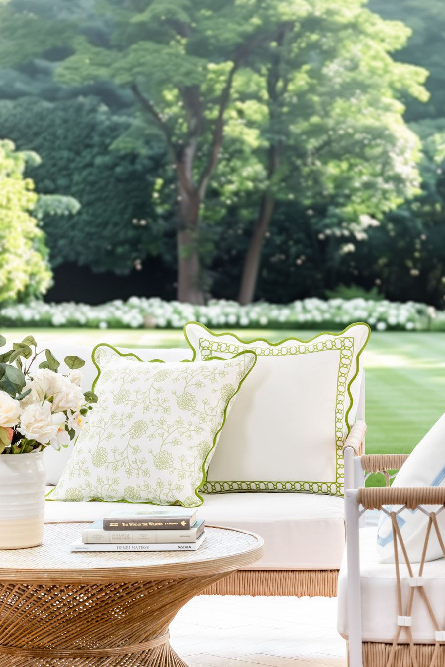 Coastal Indoor Outdoor Scalloped Throw Pillow Cover Only, Dahlia Floral, Green, 20
