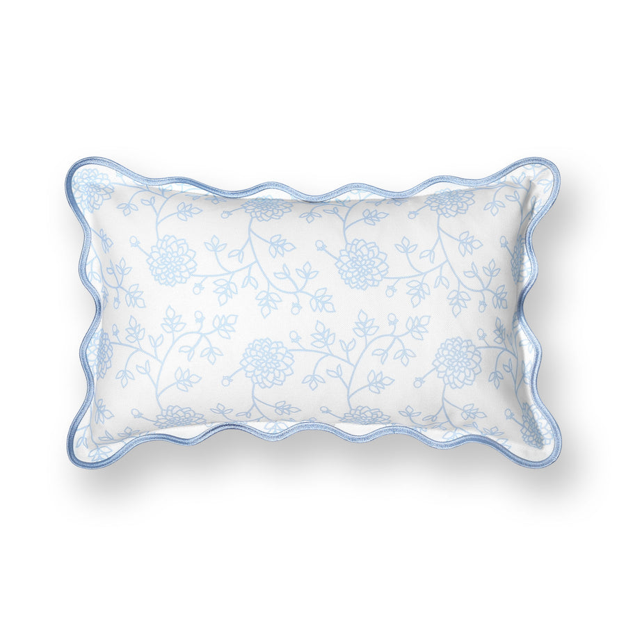 Coastal Indoor Outdoor Scalloped Lumbar Pillow Cover Only, Dahlia Floral, Baby Blue, 12