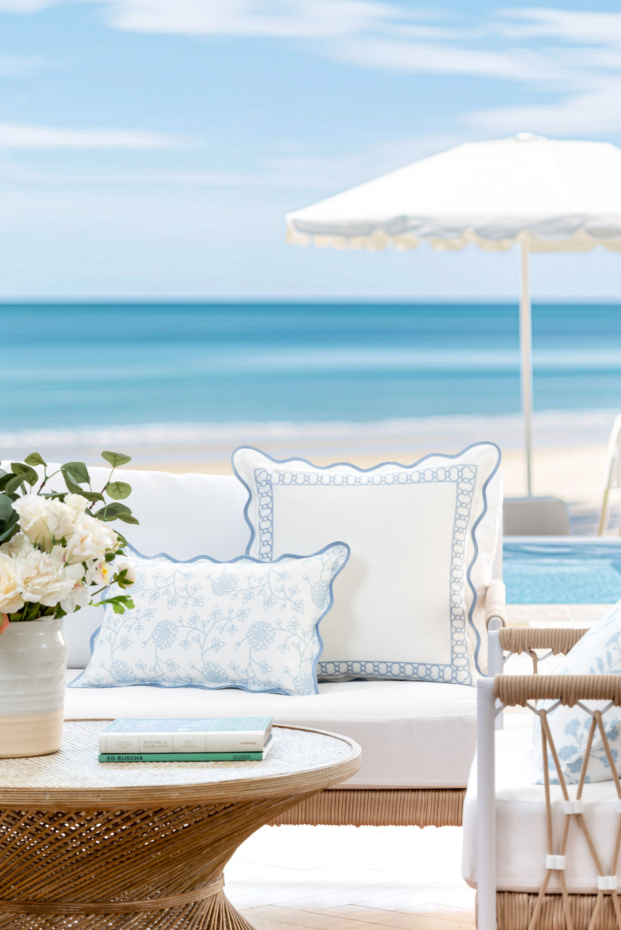 Coastal Indoor Outdoor Scalloped Lumbar Pillow Cover Only, Dahlia Floral, Baby Blue, 12