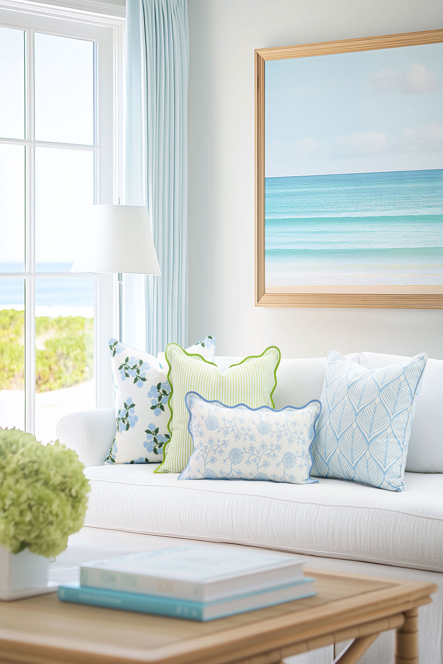 Coastal Indoor Outdoor Scalloped Lumbar Pillow Cover Only, Dahlia Floral, Baby Blue, 12