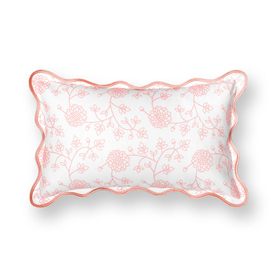 Coastal Indoor Outdoor Scalloped Lumbar Pillow Cover Only, Dahlia Floral, Blush Pink, 12