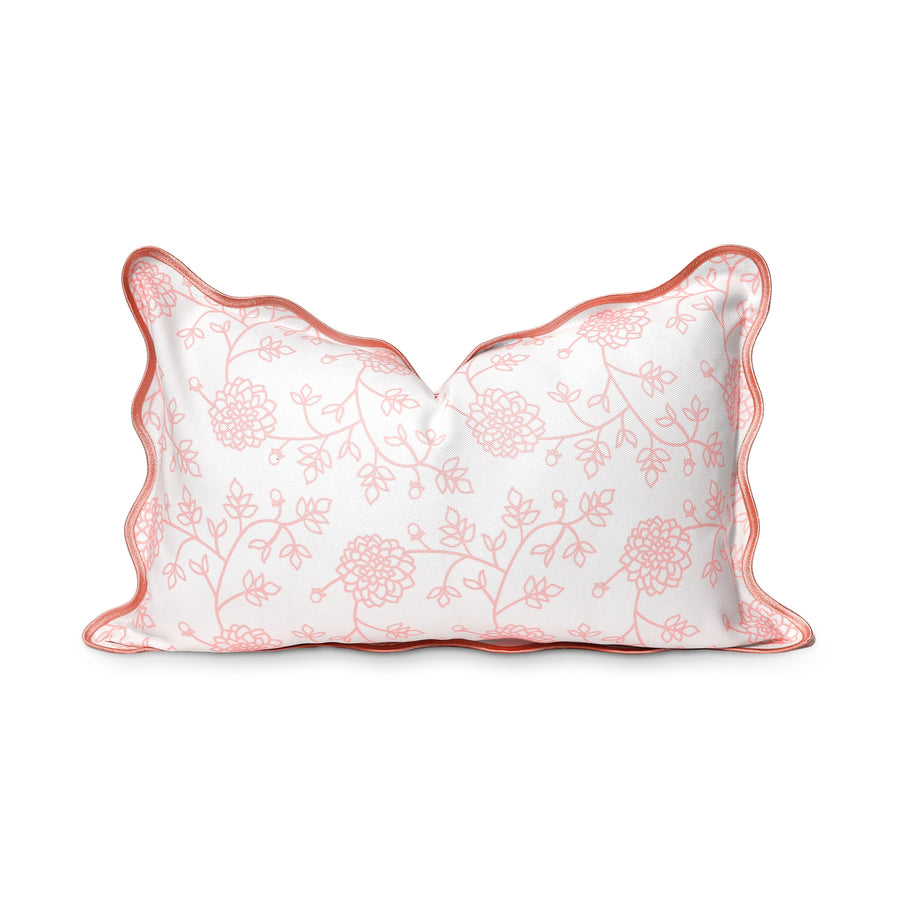 Coastal Indoor Outdoor Scalloped Lumbar Pillow Cover Only, Dahlia Floral, Blush Pink, 12