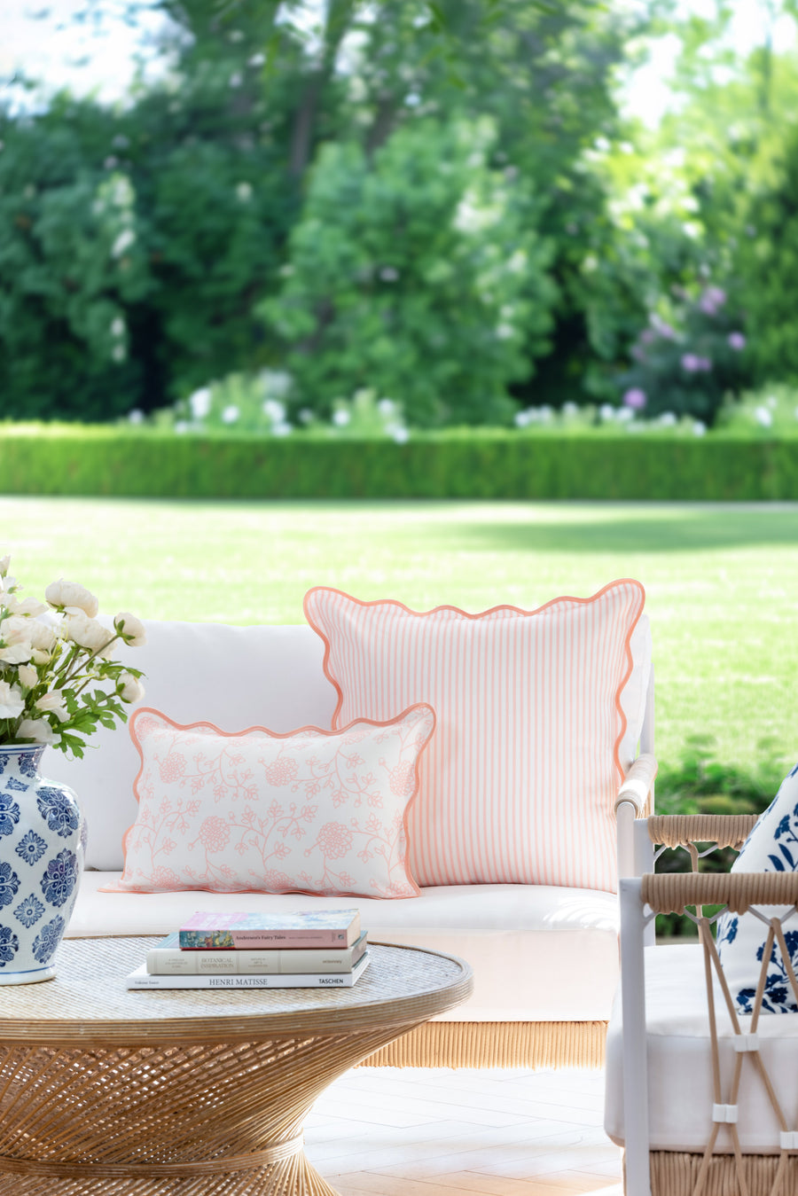 Coastal Indoor Outdoor Scalloped Lumbar Pillow Cover Only, Dahlia Floral, Blush Pink, 12