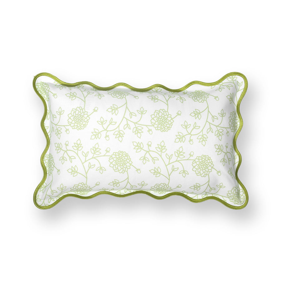 Coastal Indoor Outdoor Scalloped Lumbar Pillow Cover Only, Dahlia Floral, Green, 12