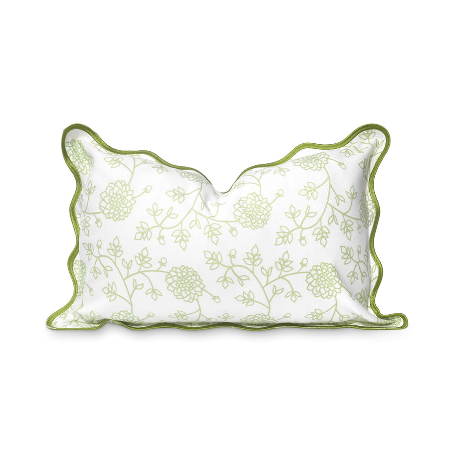 Coastal Indoor Outdoor Scalloped Lumbar Pillow Cover Only, Dahlia Floral, Green, 12