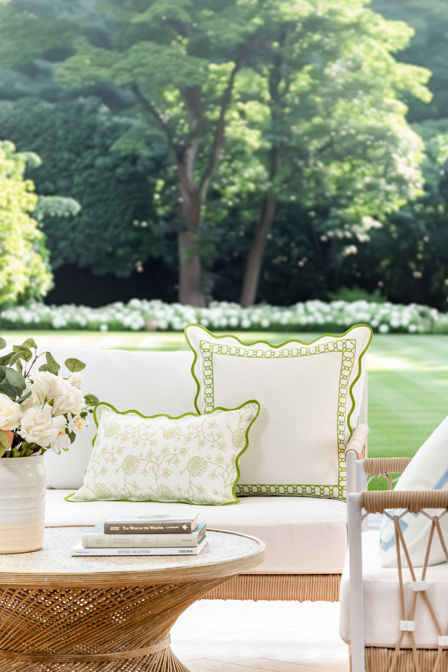 Coastal Indoor Outdoor Scalloped Lumbar Pillow Cover Only, Dahlia Floral, Green, 12