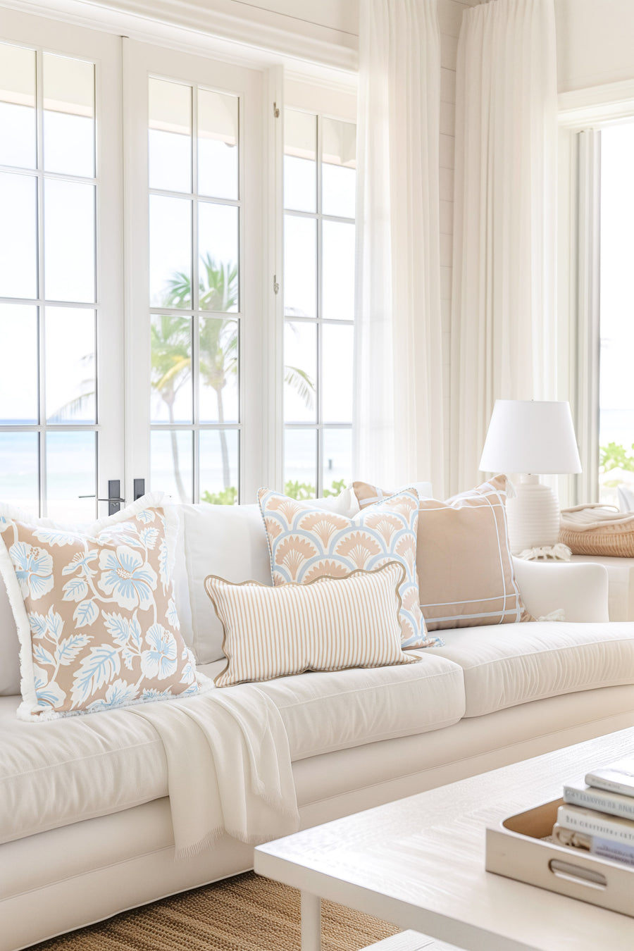 Coastal Indoor Outdoor Throw Pillow Cover Only, Tropical Ravenala Palm Tree, Baby Blue Tan, 20