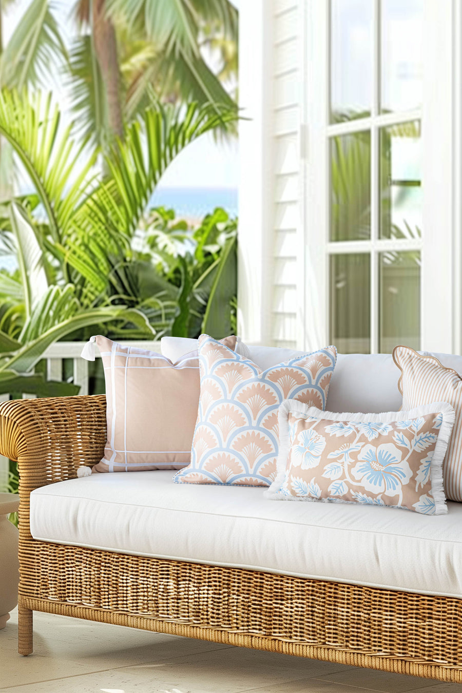 Coastal Indoor Outdoor Throw Pillow Cover Only, Tropical Ravenala Palm Tree, Baby Blue Tan, 20