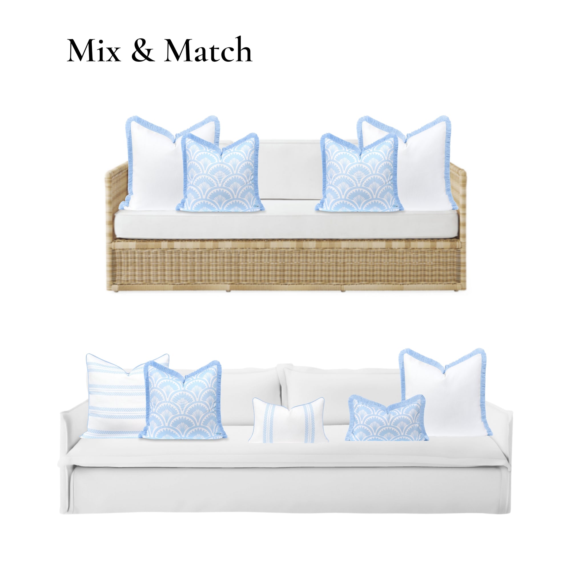 Kapalei Ravenala Scallops, Indoor/Outdoor Blue Pillow Cover, with Fringe, 20&quot;x20&quot;
