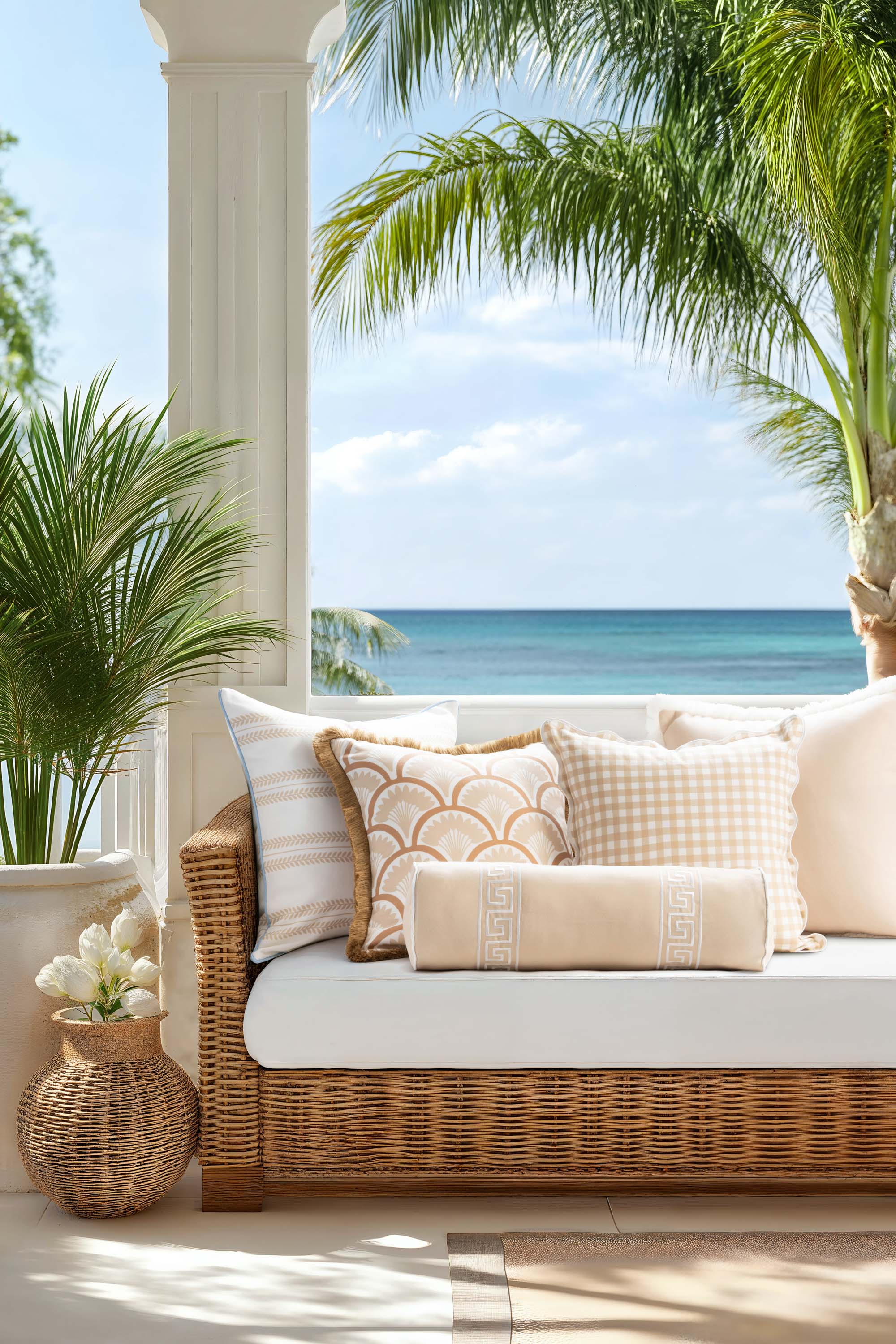 Kapalei Ravenala Scallops, Indoor/Outdoor Tan Throw Pillow Cover, with Fringe, 20&quot;x20&quot;