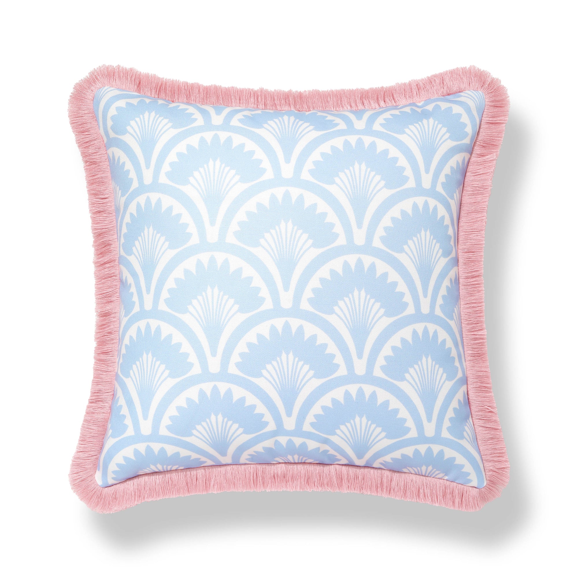 Kapalei Ravenala Scallops, Indoor/Outdoor Blue Pillow Cover, with Pink Fringe, 20&quot;x20&quot;