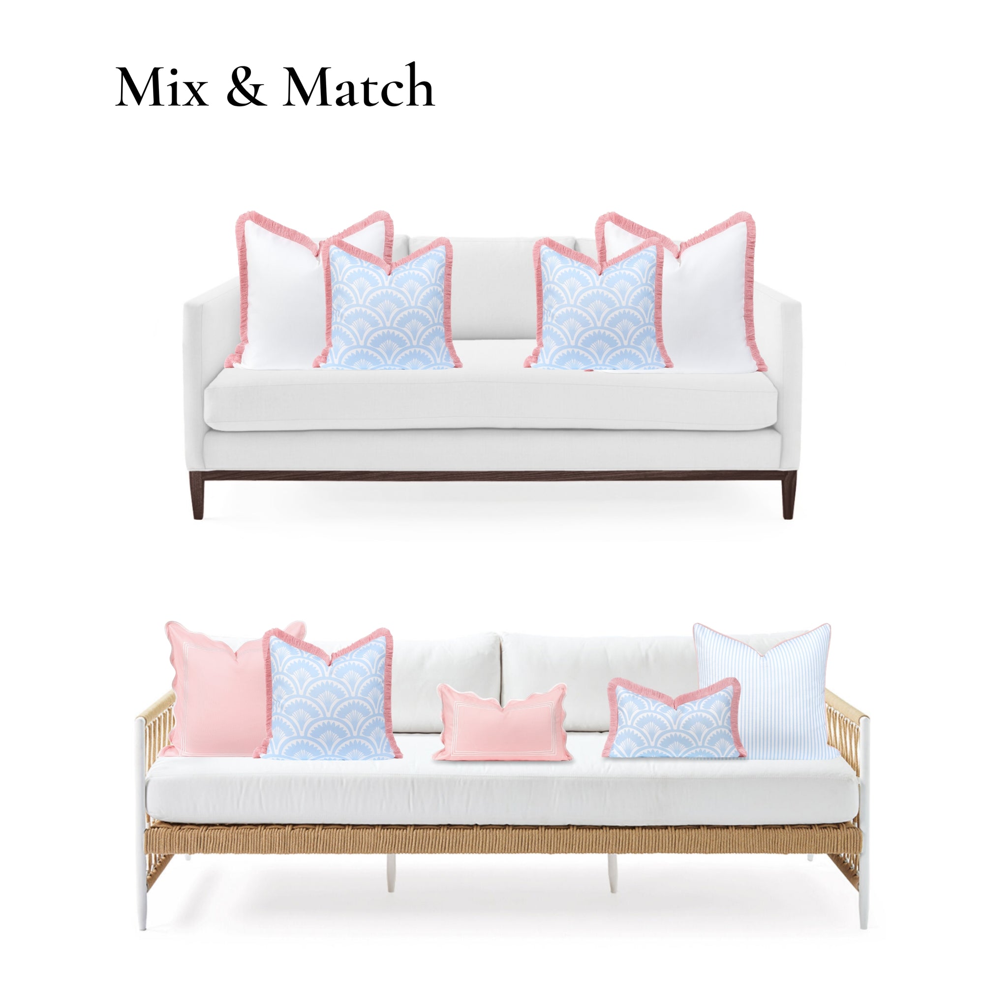 Kapalei Ravenala Scallops, Indoor/Outdoor Blue Pillow Cover, with Pink Fringe, 20&quot;x20&quot;