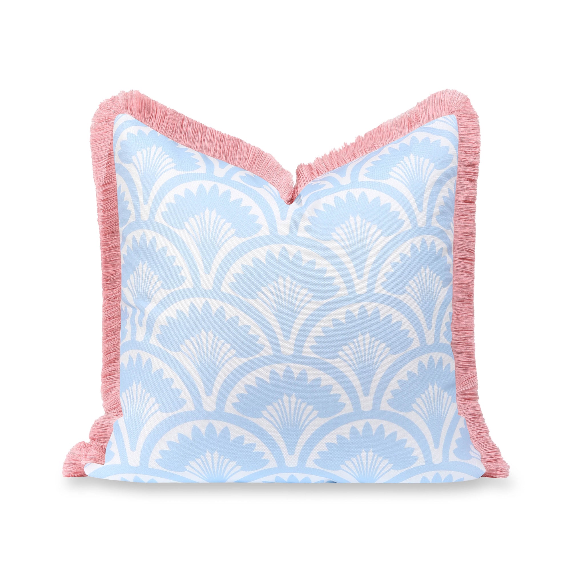 Kapalei Ravenala Scallops, Indoor/Outdoor Blue Pillow Cover, with Pink Fringe, 20&quot;x20&quot;