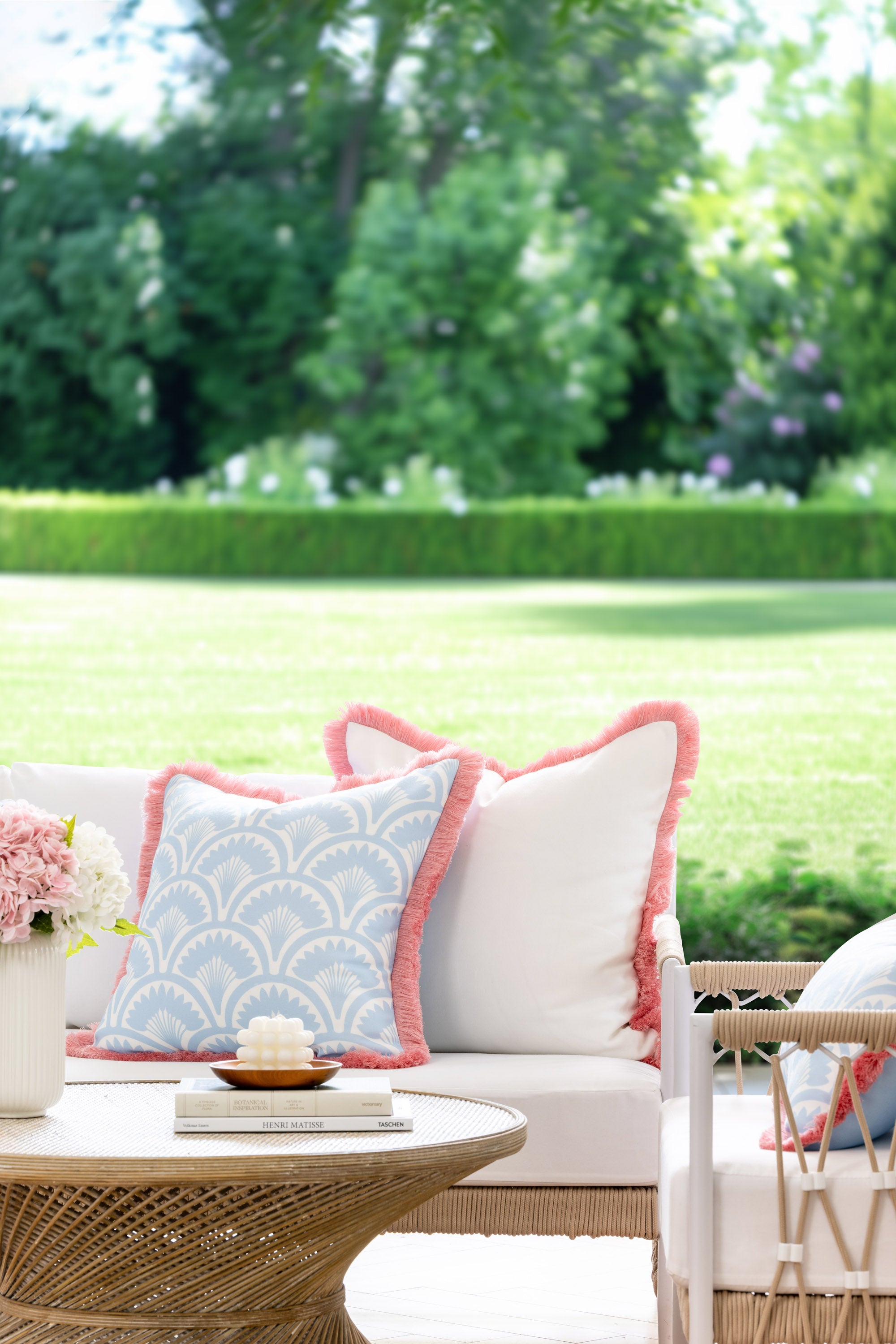Kapalei Ravenala Scallops, Indoor/Outdoor Blue Pillow Cover, with Pink Fringe, 20&quot;x20&quot;
