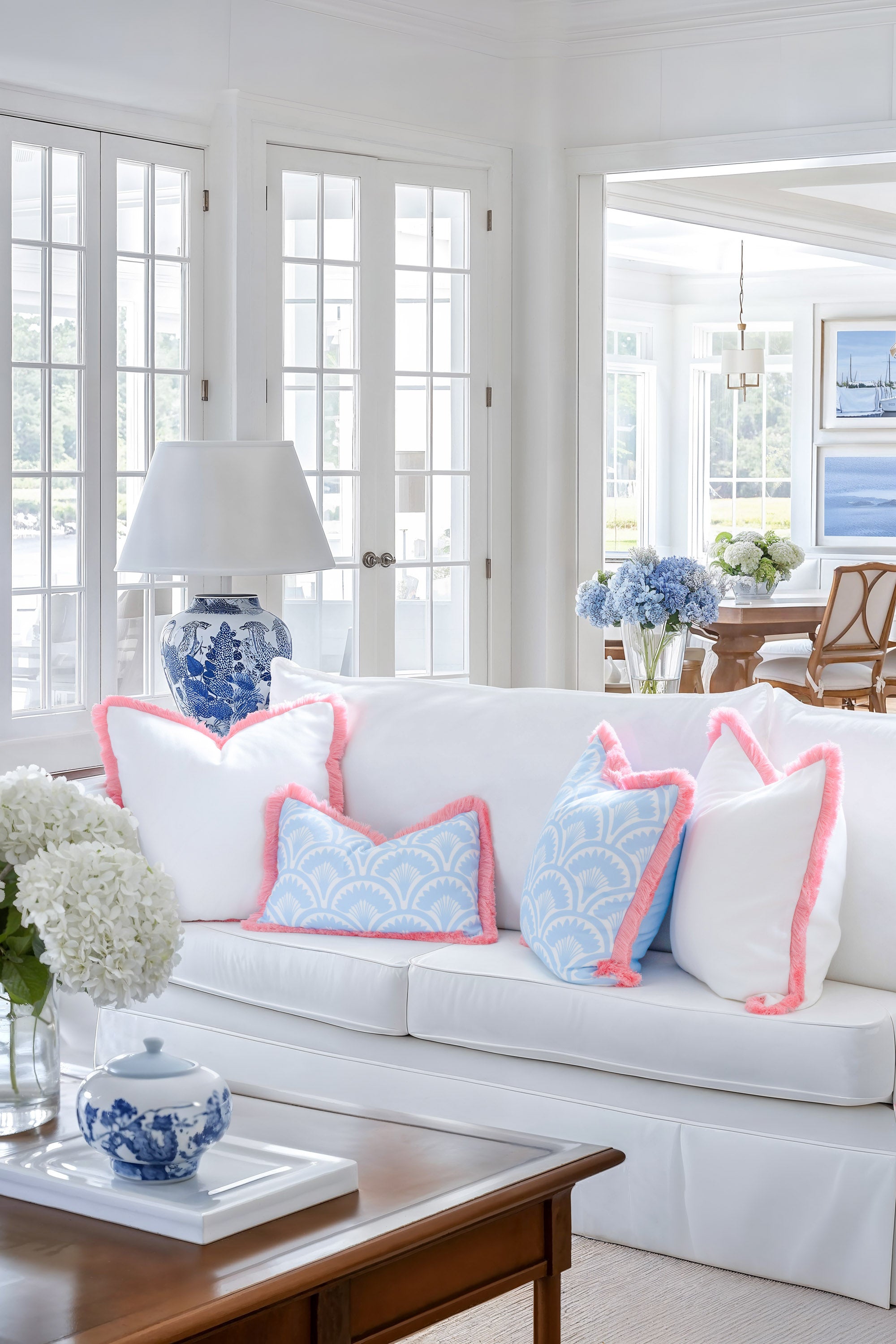 Kapalei Ravenala Scallops, Indoor/Outdoor Blue Pillow Cover, with Pink Fringe, 20&quot;x20&quot;