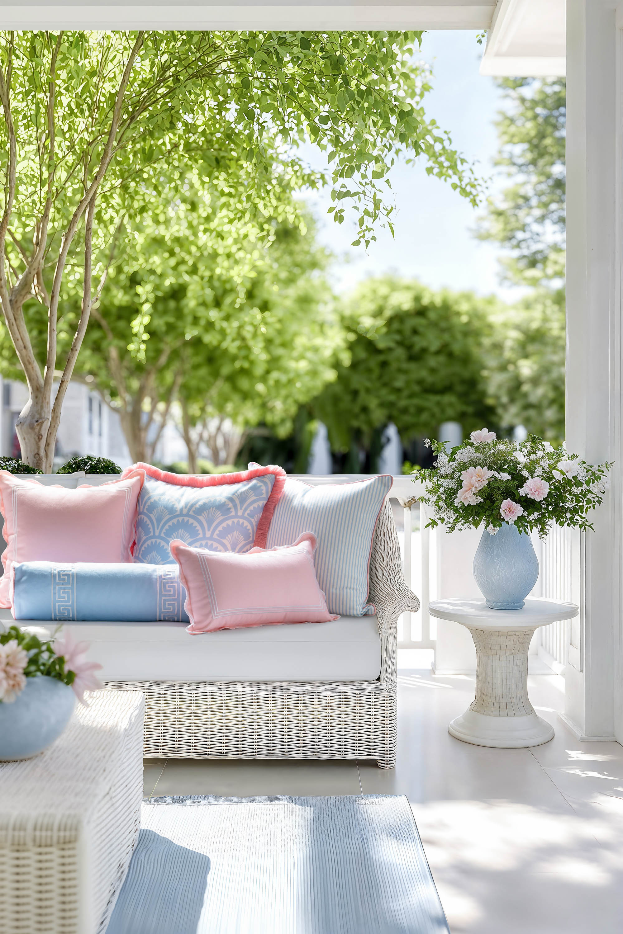 Kapalei Ravenala Scallops, Indoor/Outdoor Blue Pillow Cover, with Pink Fringe, 20&quot;x20&quot;