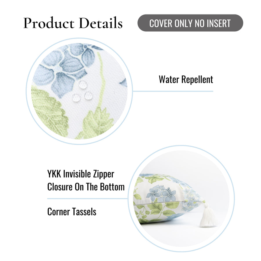 Coastal Indoor Outdoor Throw Pillow Cover Only, Sketch Hydrangea Flower, Baby Blue Green, 18
