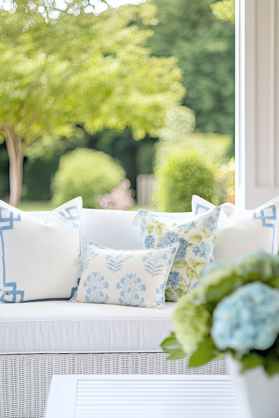 Coastal Indoor Outdoor Throw Pillow Cover Only, Sketch Hydrangea Flower, Baby Blue Green, 18