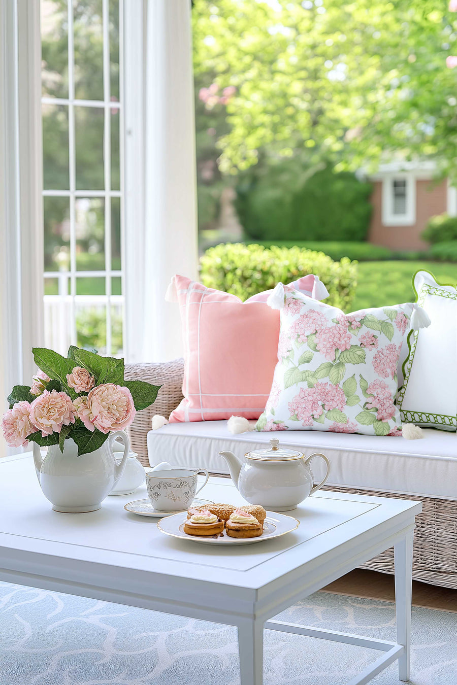 Coastal Indoor Outdoor Throw Pillow Cover Only, Sketch Hydrangea Flower, Blush Pink Green, 18