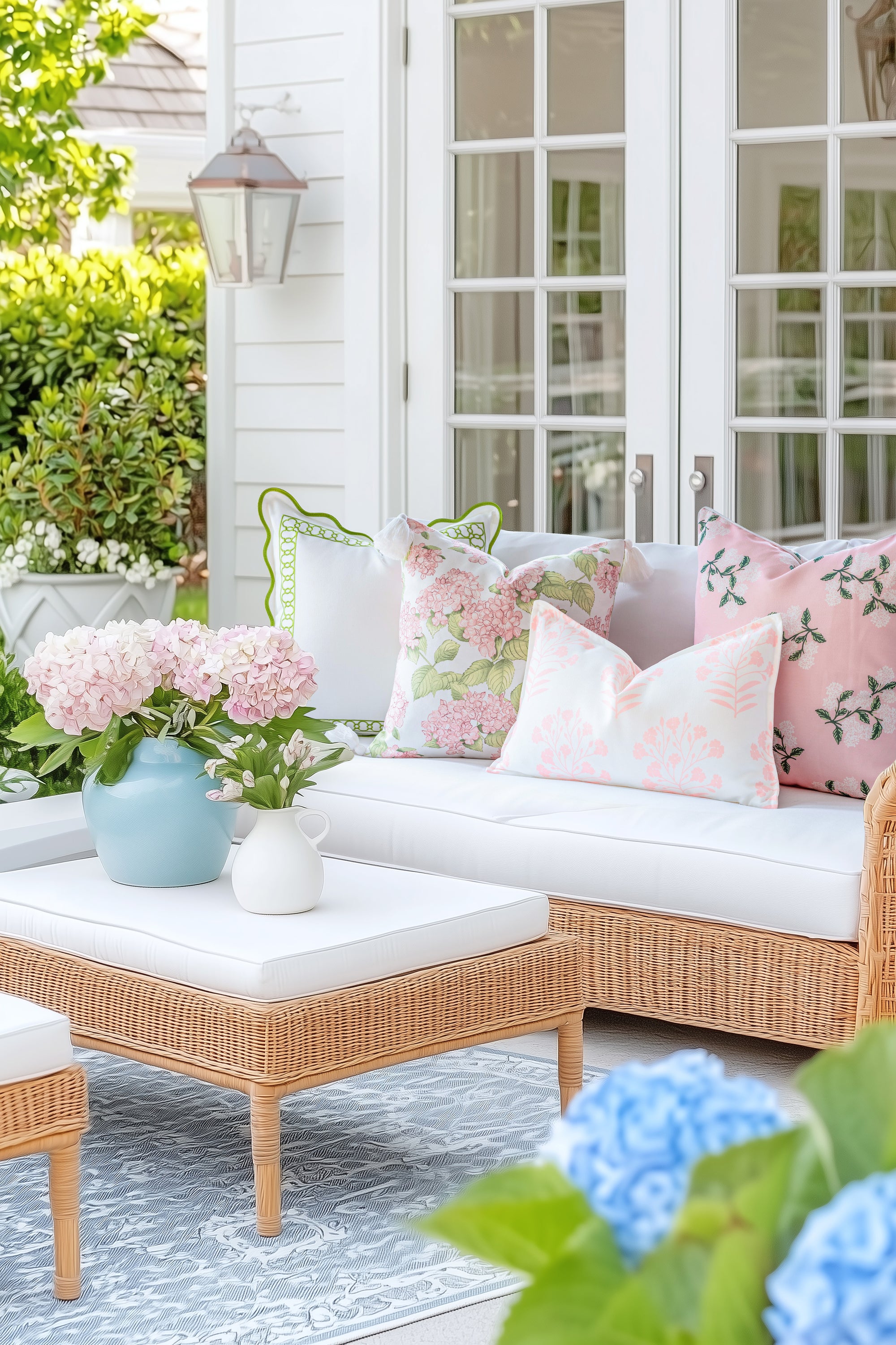 Coastal Indoor Outdoor Throw Pillow Cover Only, Sketch Hydrangea Flower, Blush Pink Green, 18&quot;x18&quot;