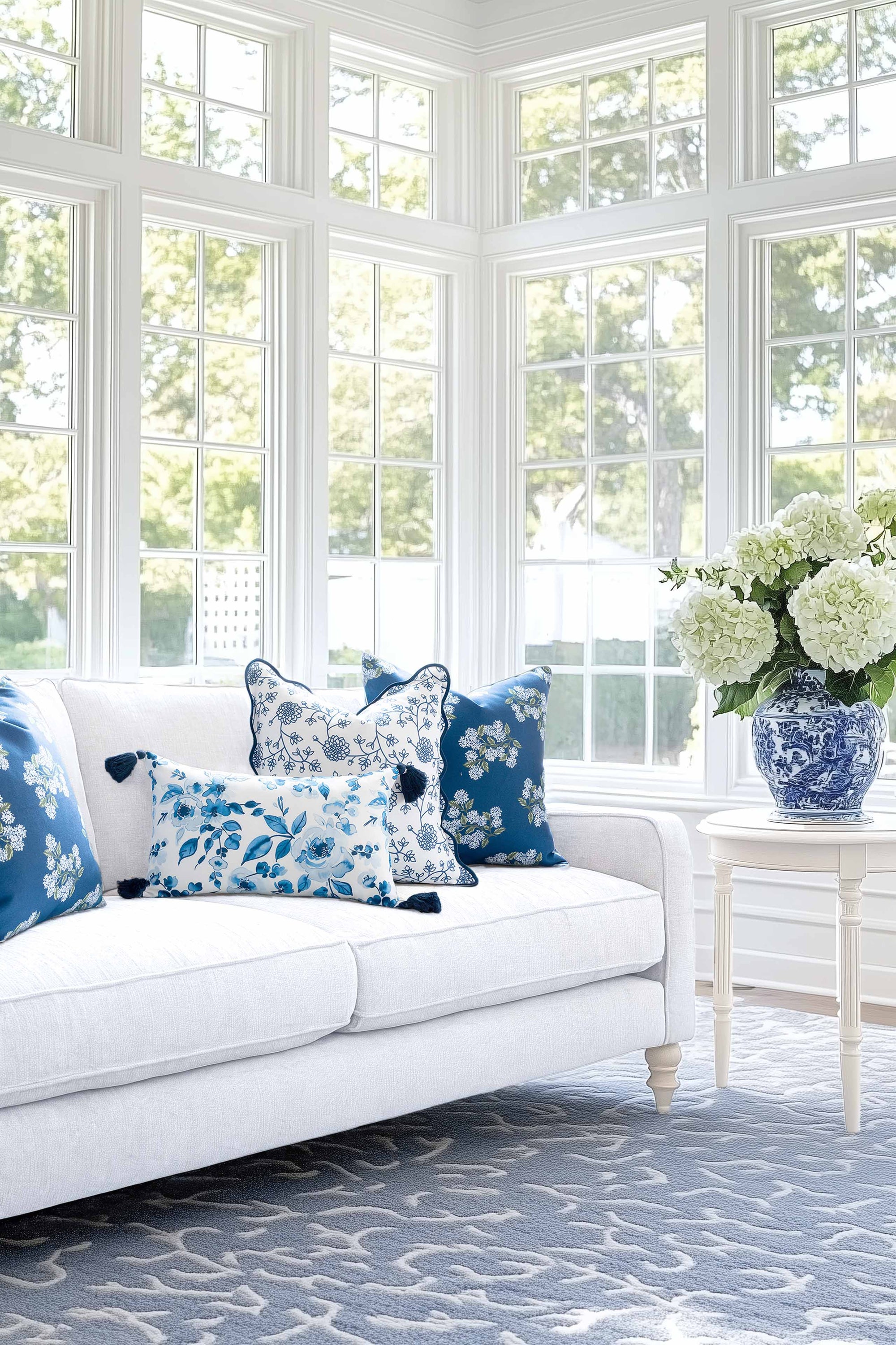 Coastal Indoor Outdoor Throw Pillow Cover Only, Hydrangea Flower, Navy Blue, 20&quot;x20&quot;