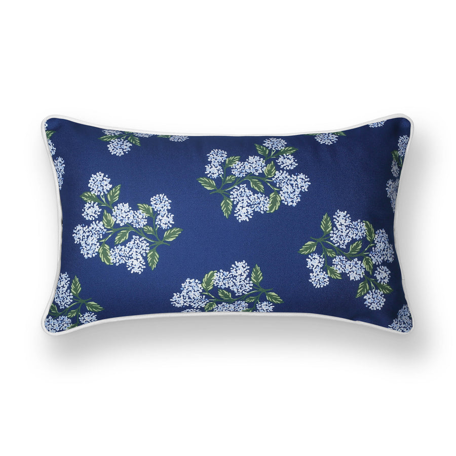 Coastal Indoor Outdoor Lumbar Pillow Cover Only, Hydrangea Flower, Navy Blue, 12