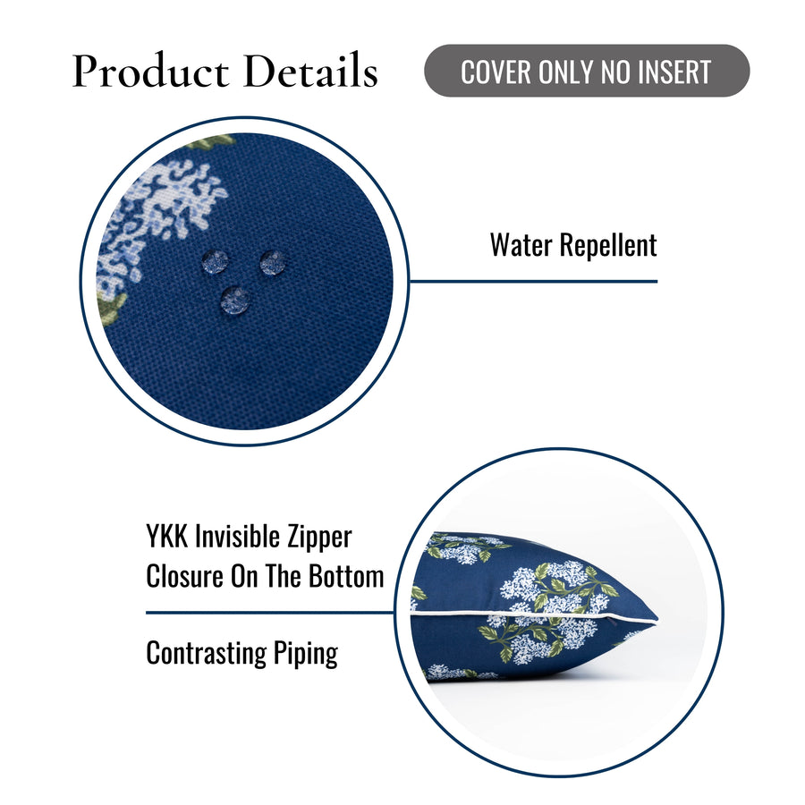 Coastal Indoor Outdoor Lumbar Pillow Cover Only, Hydrangea Flower, Navy Blue, 12