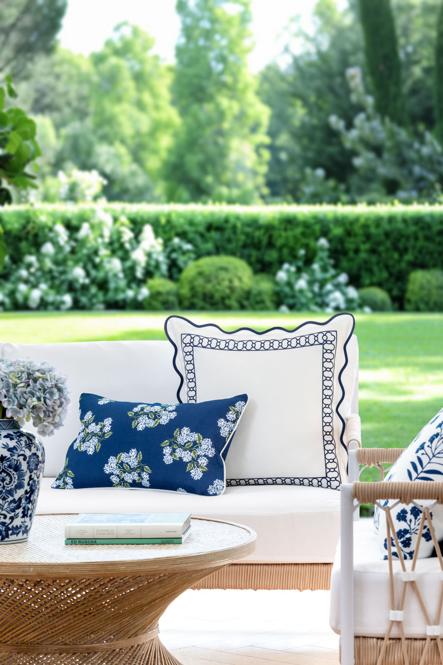 Coastal Indoor Outdoor Lumbar Pillow Cover Only, Hydrangea Flower, Navy Blue, 12