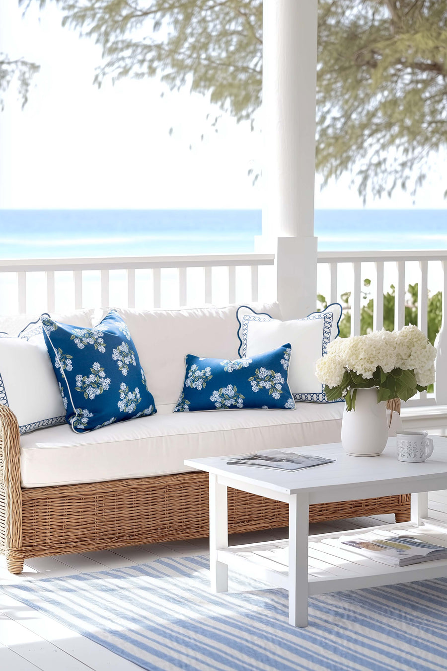 Coastal Indoor Outdoor Lumbar Pillow Cover Only, Hydrangea Flower, Navy Blue, 12