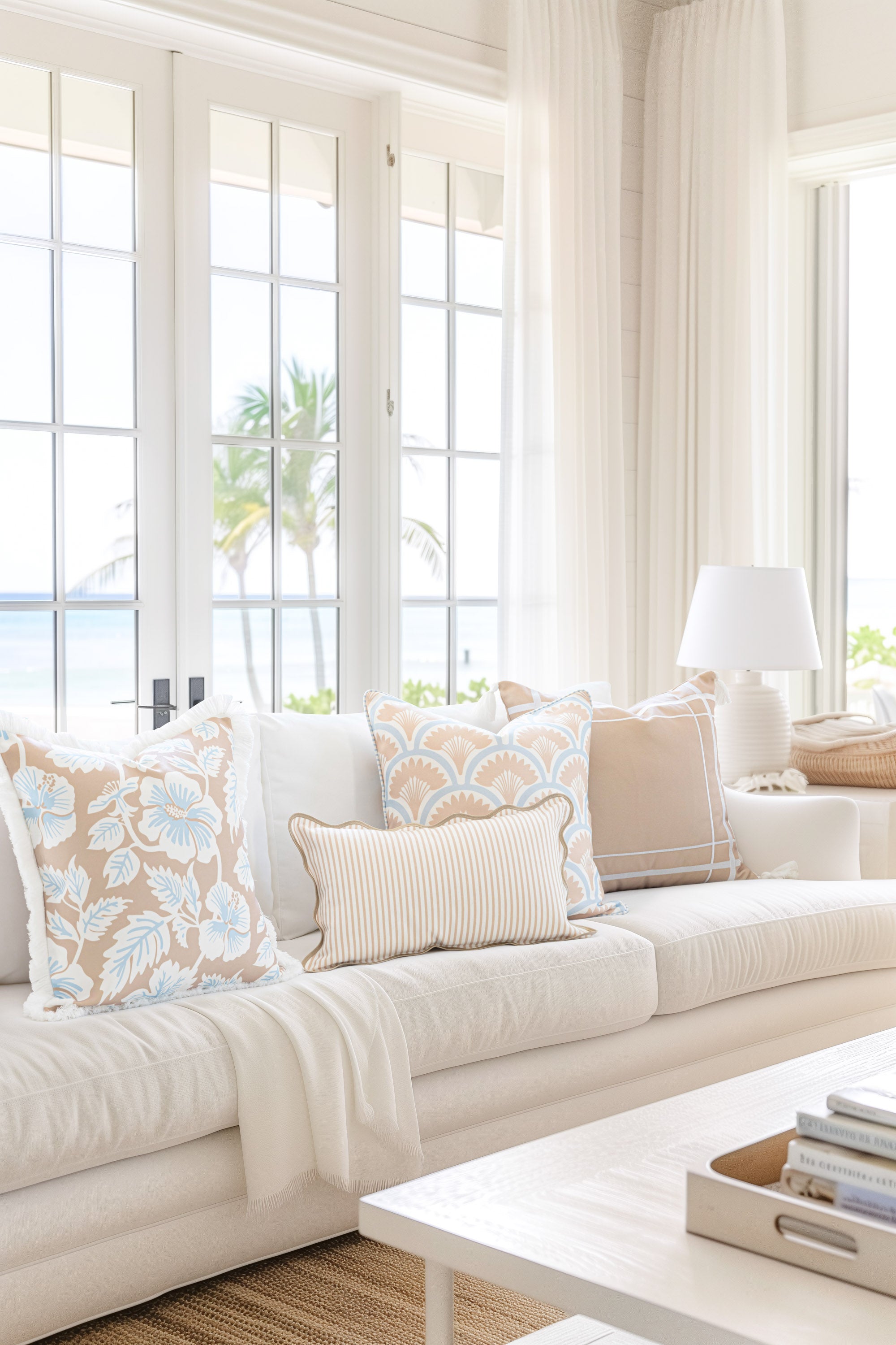 Coastal Indoor Outdoor Throw Pillow Cover Only, Tropical Hisbucs Flowers, Tan Baby Blue, 20&quot;x20&quot;