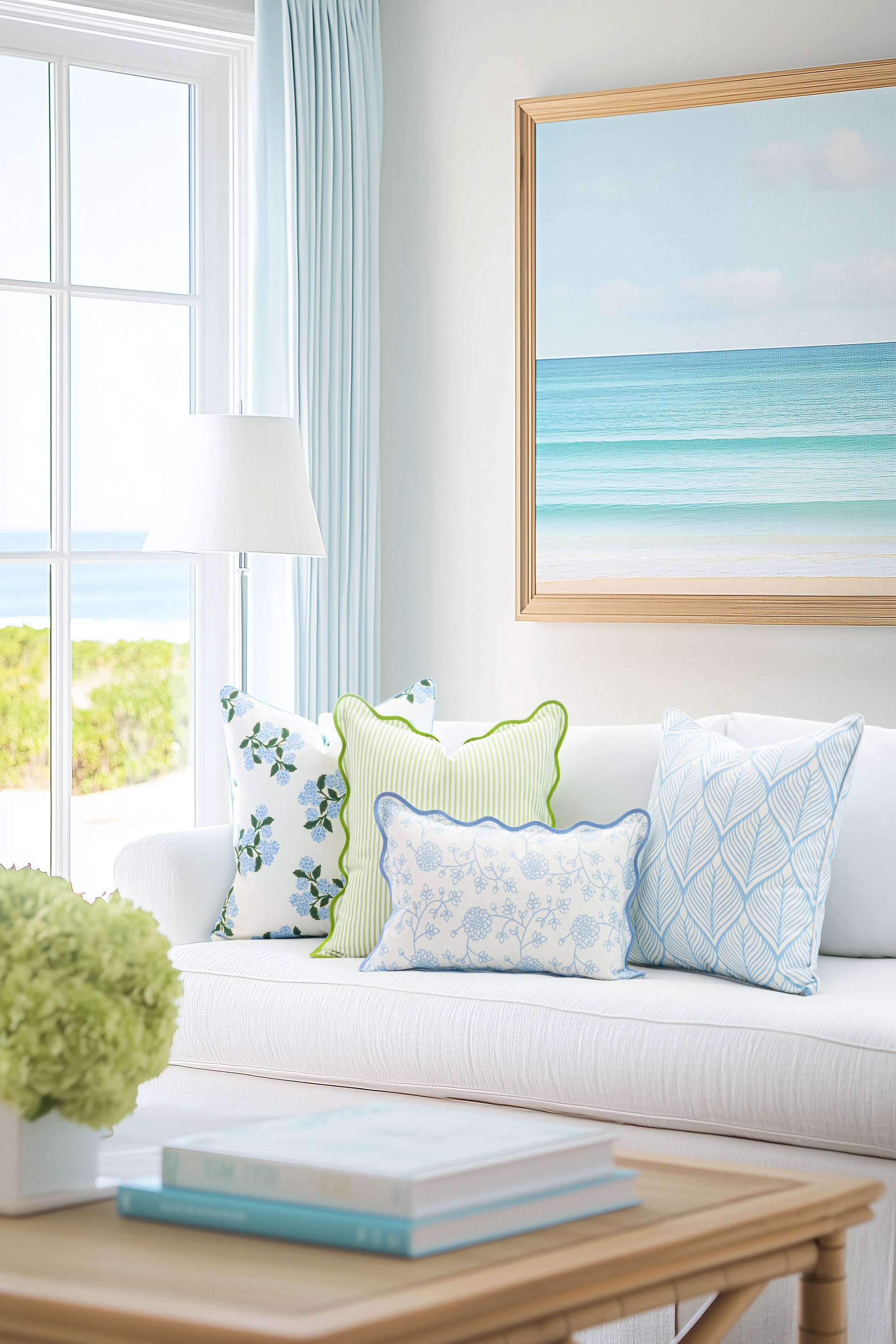 Coastal Indoor Outdoor Scalloped Throw Pillow Cover Only, Stripes, Green, 20&quot;x20&quot;