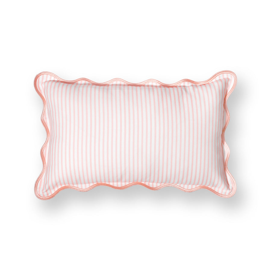 Coastal Indoor Outdoor Scalloped Lumbar Pillow Cover Only, Stripes, Blush Pink, 12