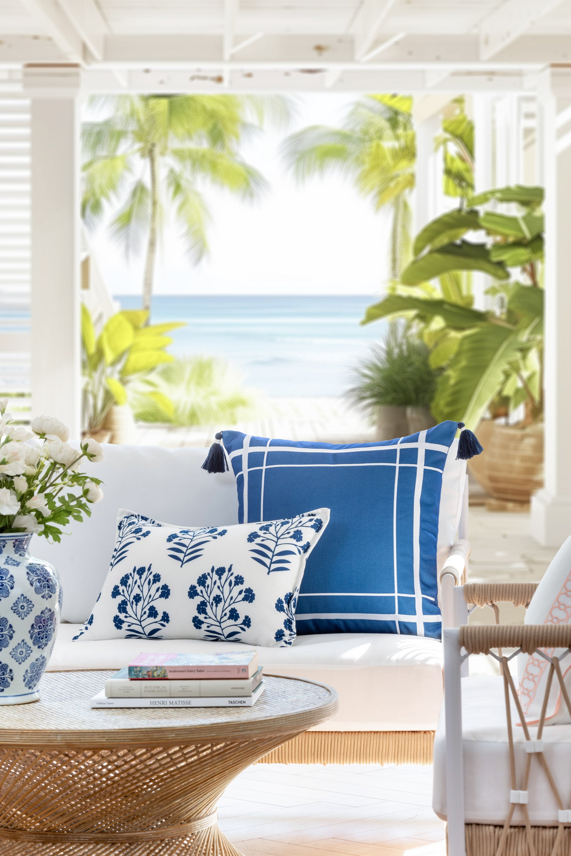 Coastal Navy Outdoor Pillow Cover, Line Frame, Navy Blue 20