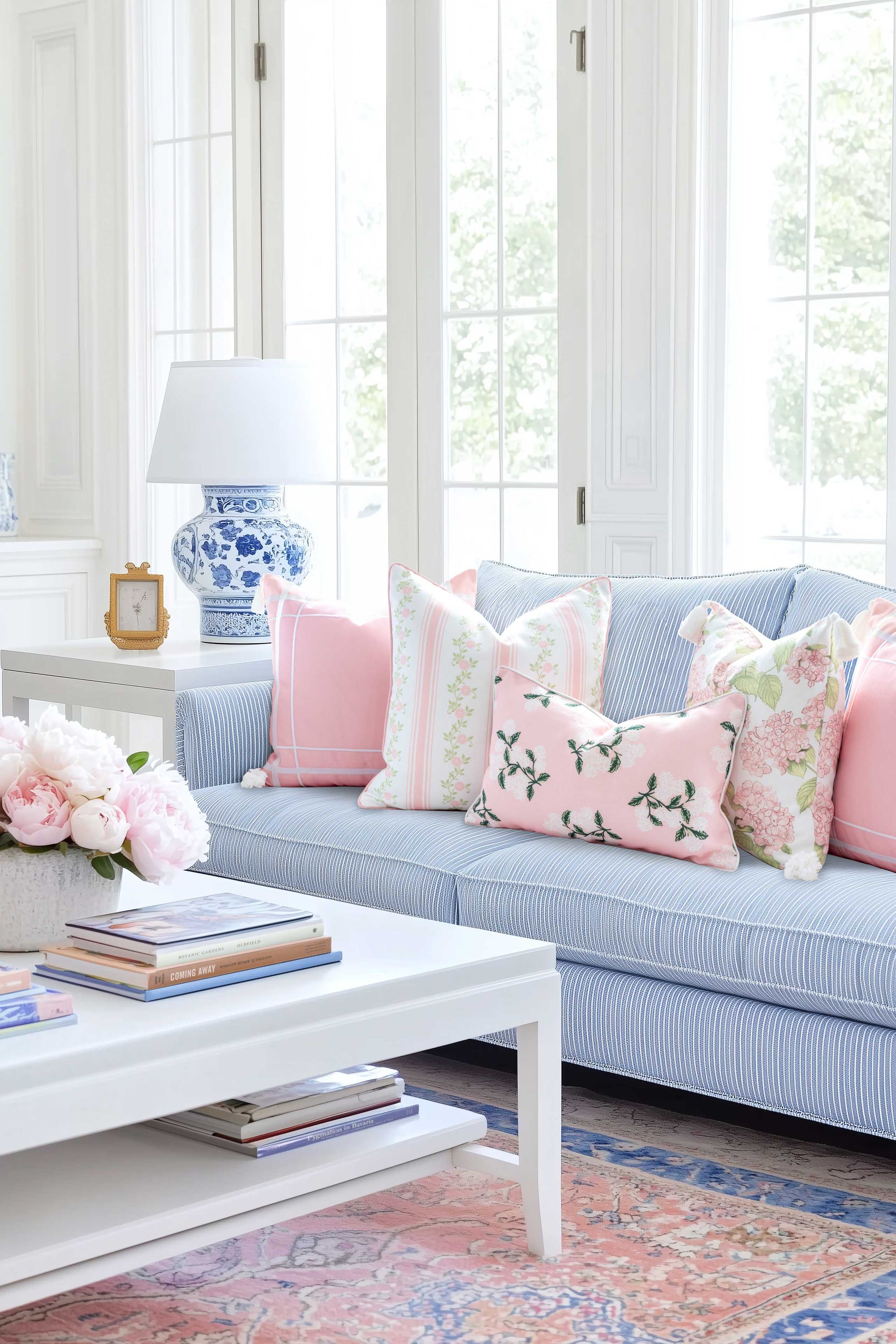 Coastal Indoor Outdoor Throw Pillow Cover Only, Stripe Floral, Blush Pink, 20&quot;x20&quot;