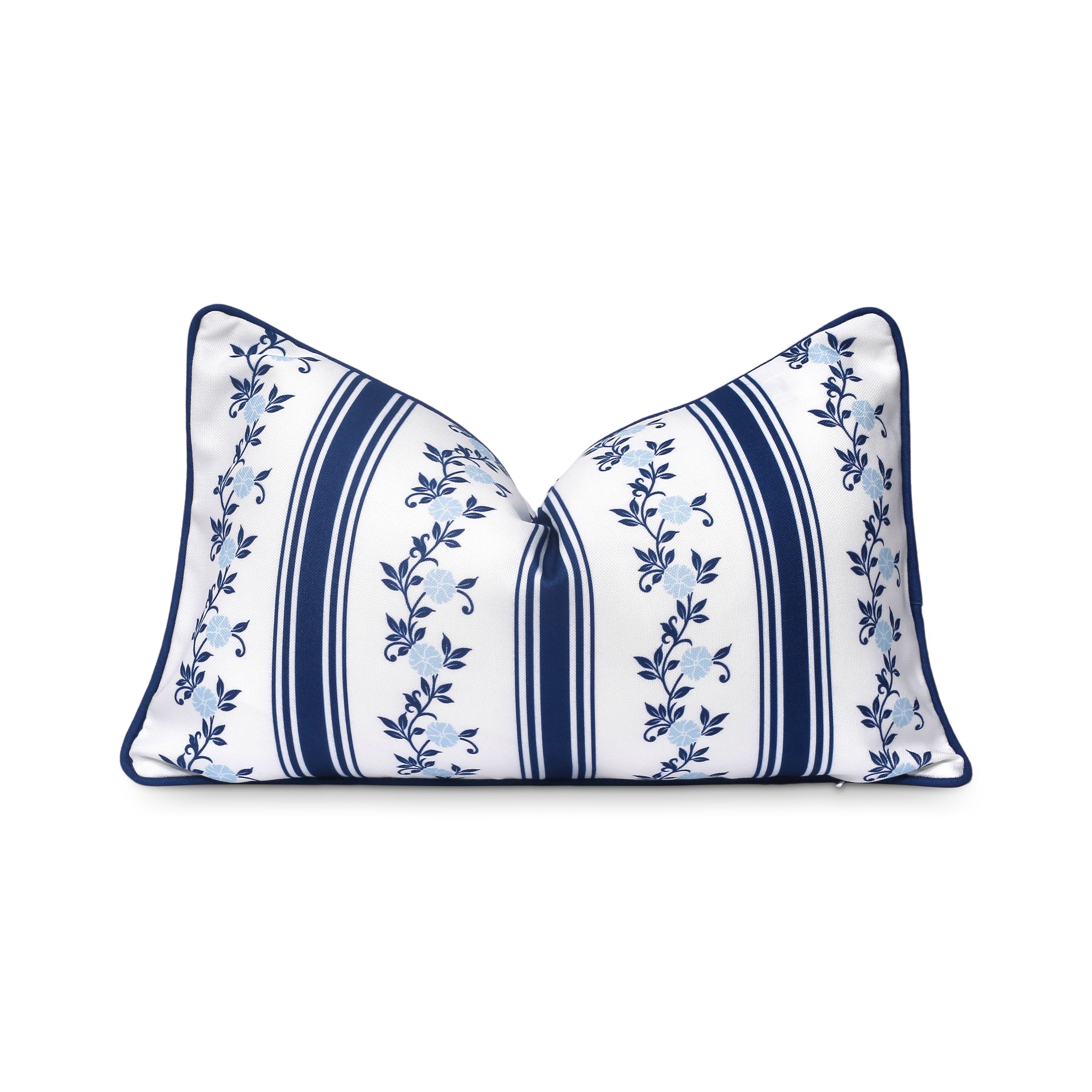 Coastal Navy Blue Outdoor Pillow Cover, Stripe Floral, Navy Blue