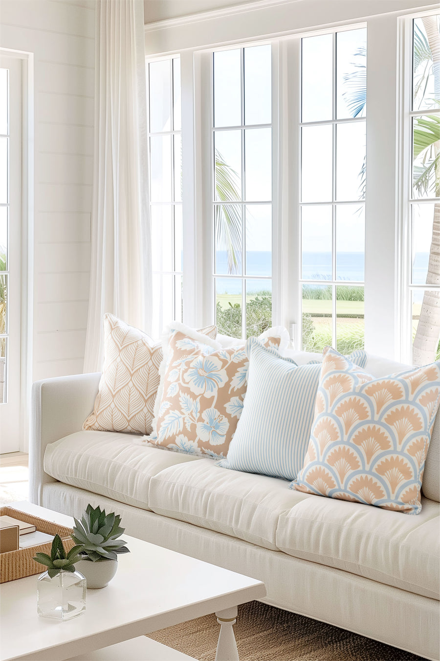 Coastal Indoor Outdoor Throw Pillow Cover Only, Geometric Leaves, Neutral Tan, 20