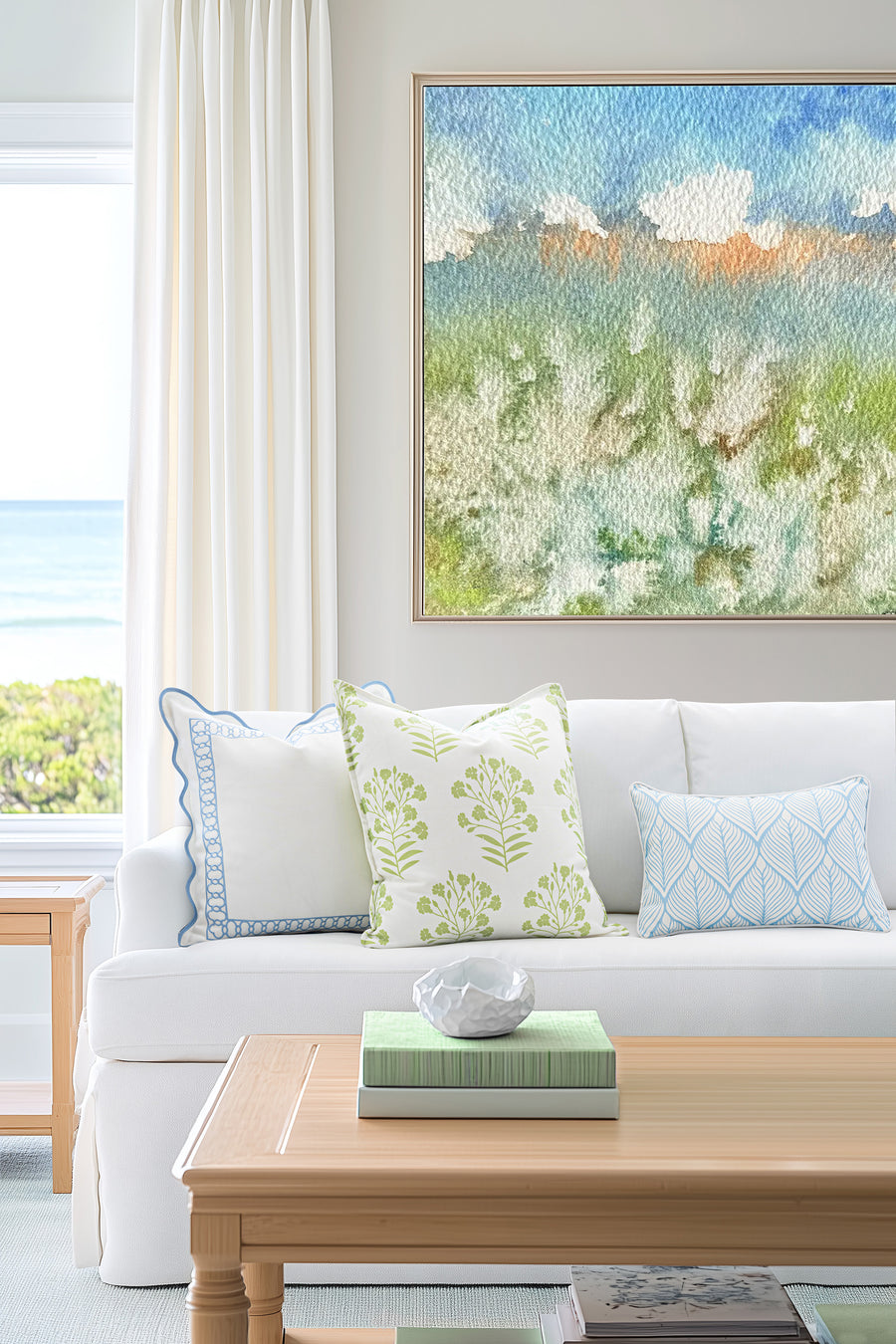 Coastal Indoor Outdoor Lumbar Pillow Cover Only, Geometric Leaves, Baby Blue, 12