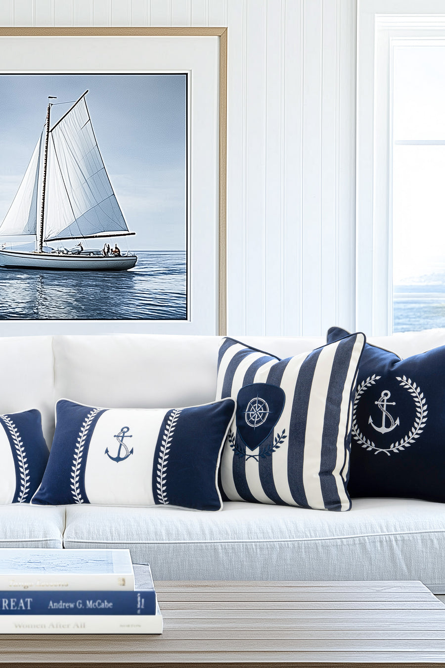 Coastal Indoor Outdoor Throw Pillow Cover Only, Nautical Yacht Anchor, Navy Blue, 18