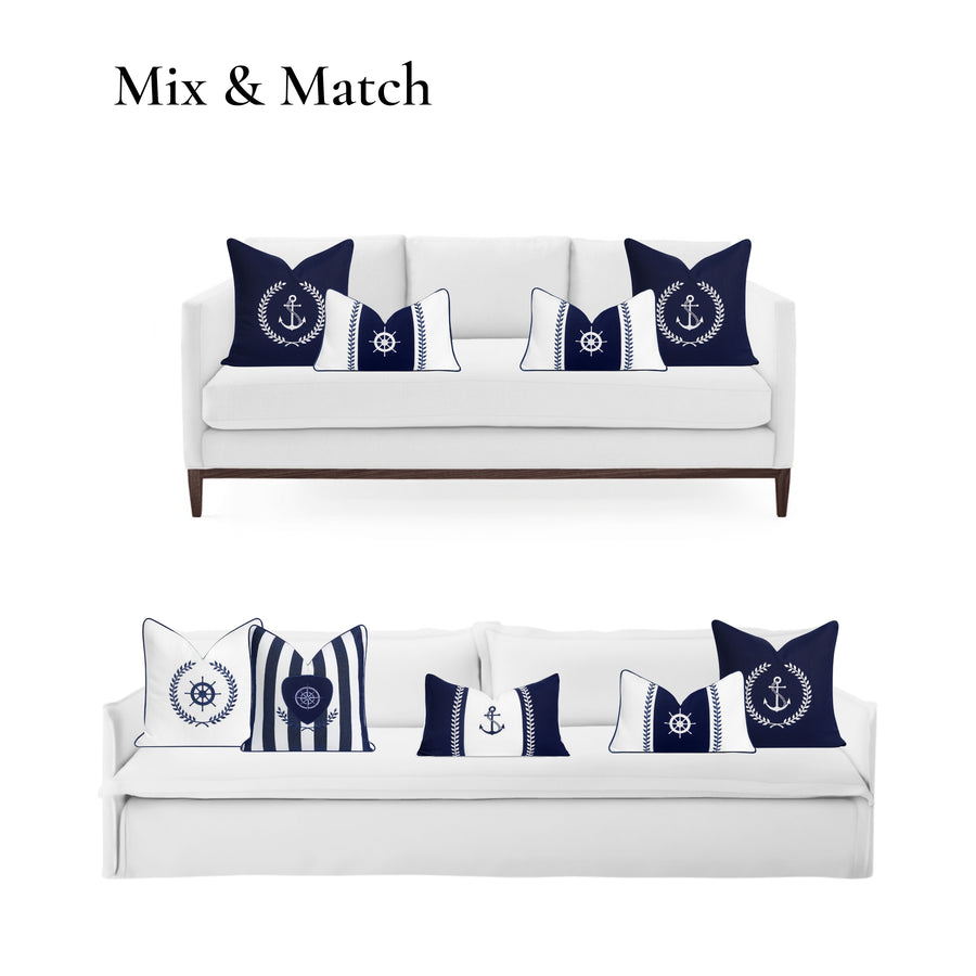 Coastal Indoor Outdoor Lumbar Pillow Cover Only, Nautical Yacht Wheel, Navy Blue, 12