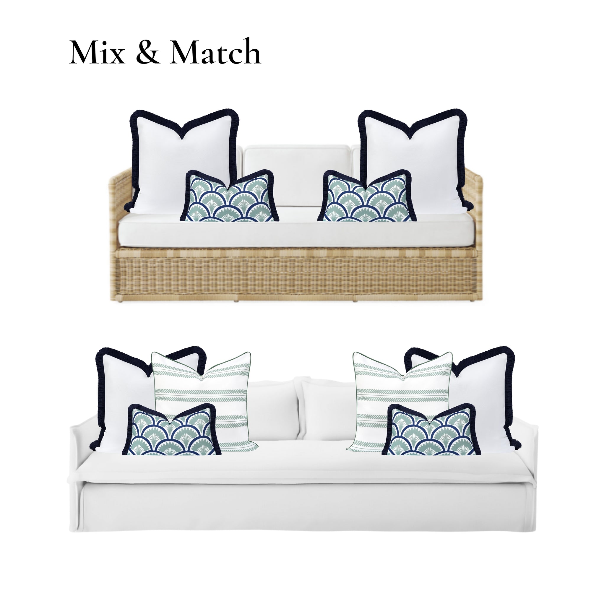 Coastbay, Indoor/Outdoor Navy White Throw Pillow Cover, Solid with Fringe, 22&quot;x22&quot;