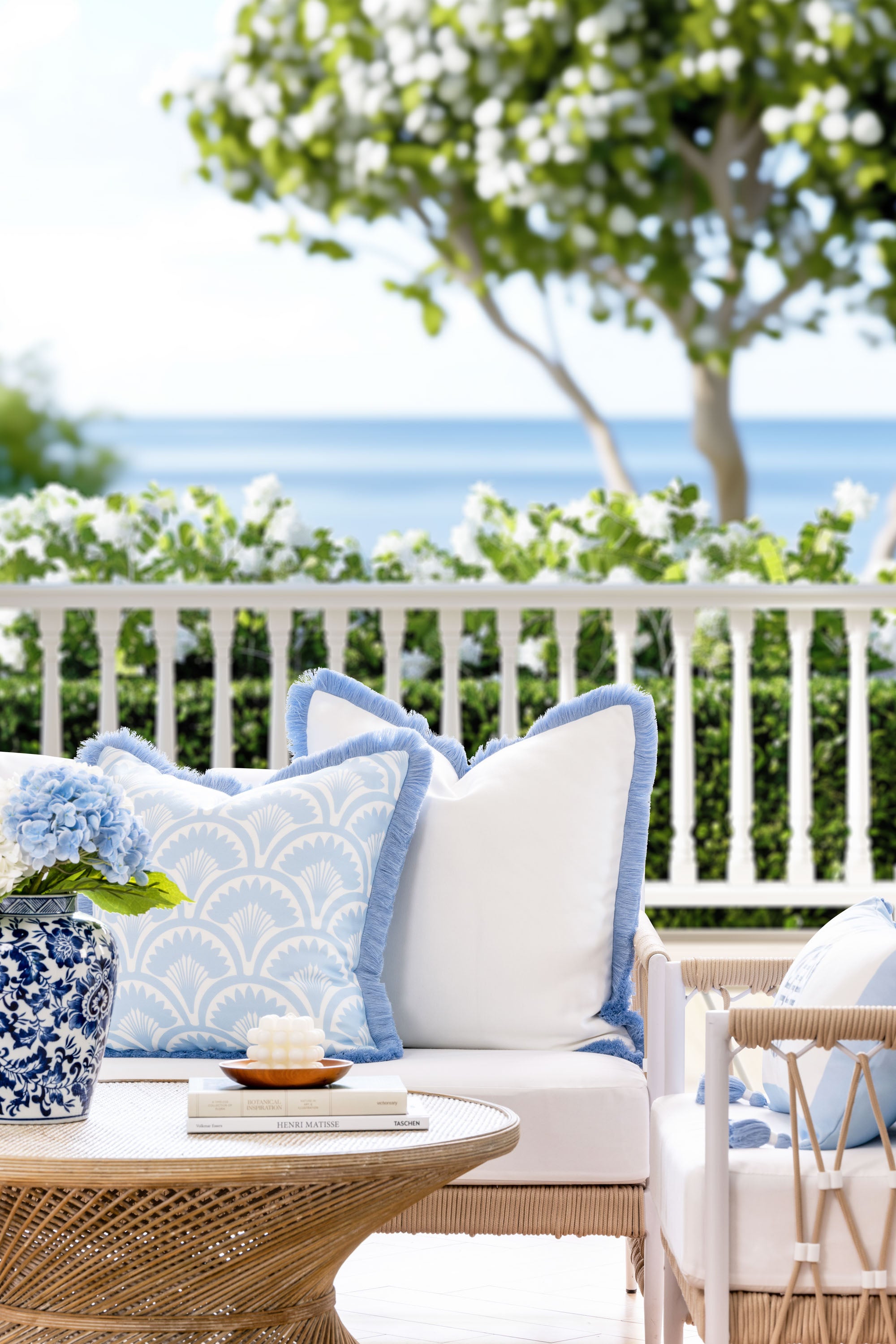 Coastbay, Indoor/Outdoor Blue and White Throw Pillow Cover, Solid with Fringe, 22&quot;x22&quot;