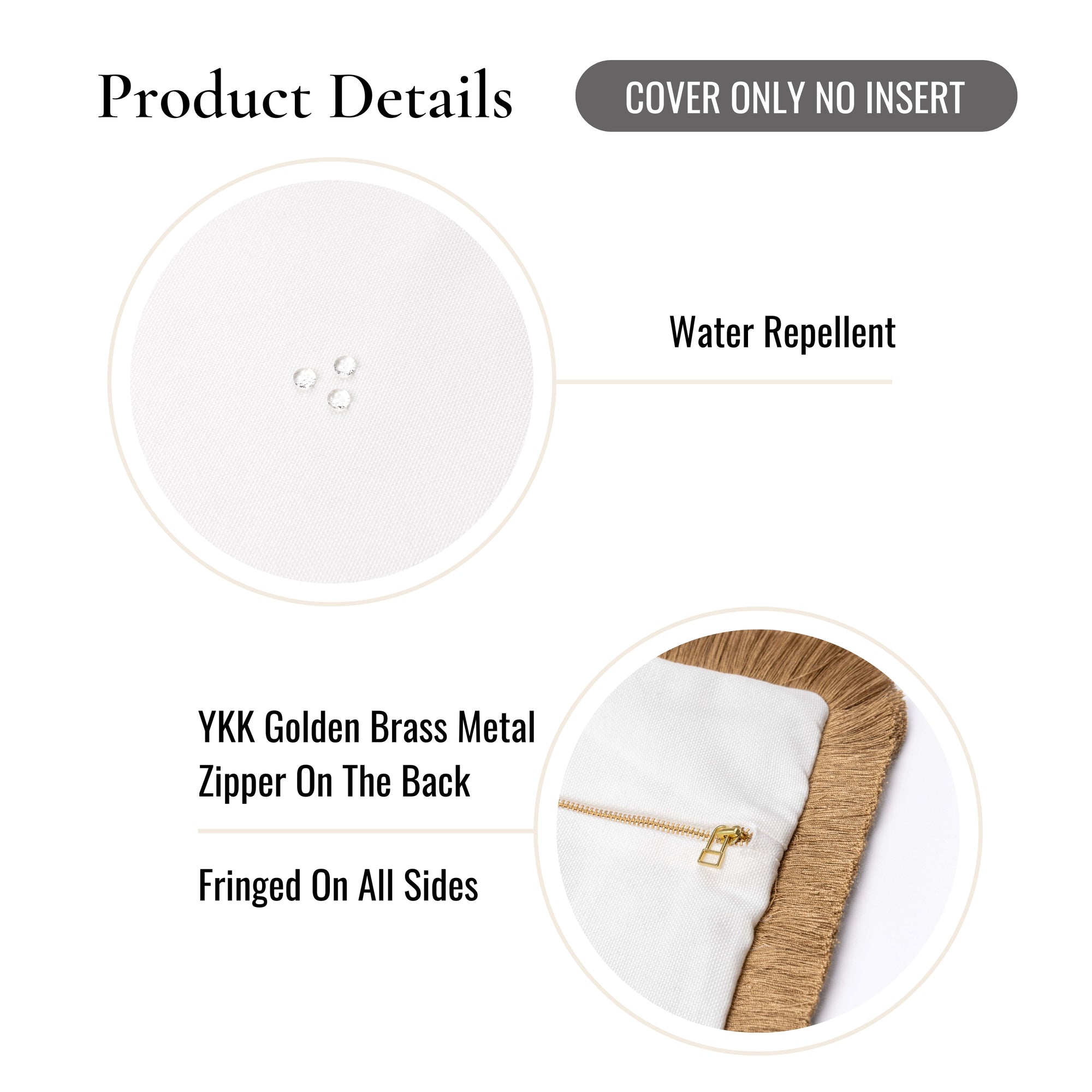 Coastbay, Indoor/Outdoor Tan White Pillow Cover, Solid with Fringe, 22&quot;x22&quot;