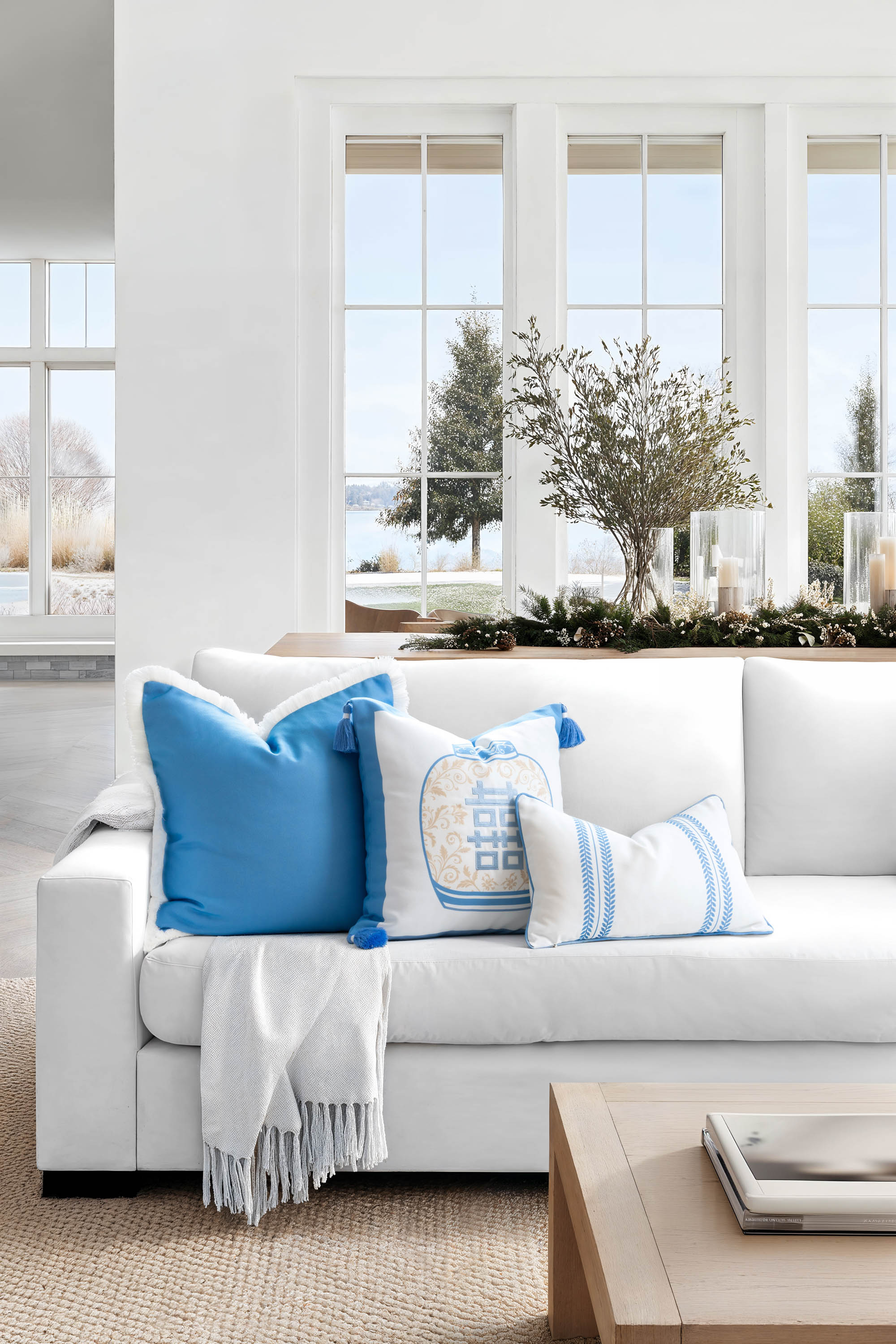 Baylin, Indoor/Outdoor Blue Pillow Cover, Solid with Fringe, 22&quot;x22&quot;