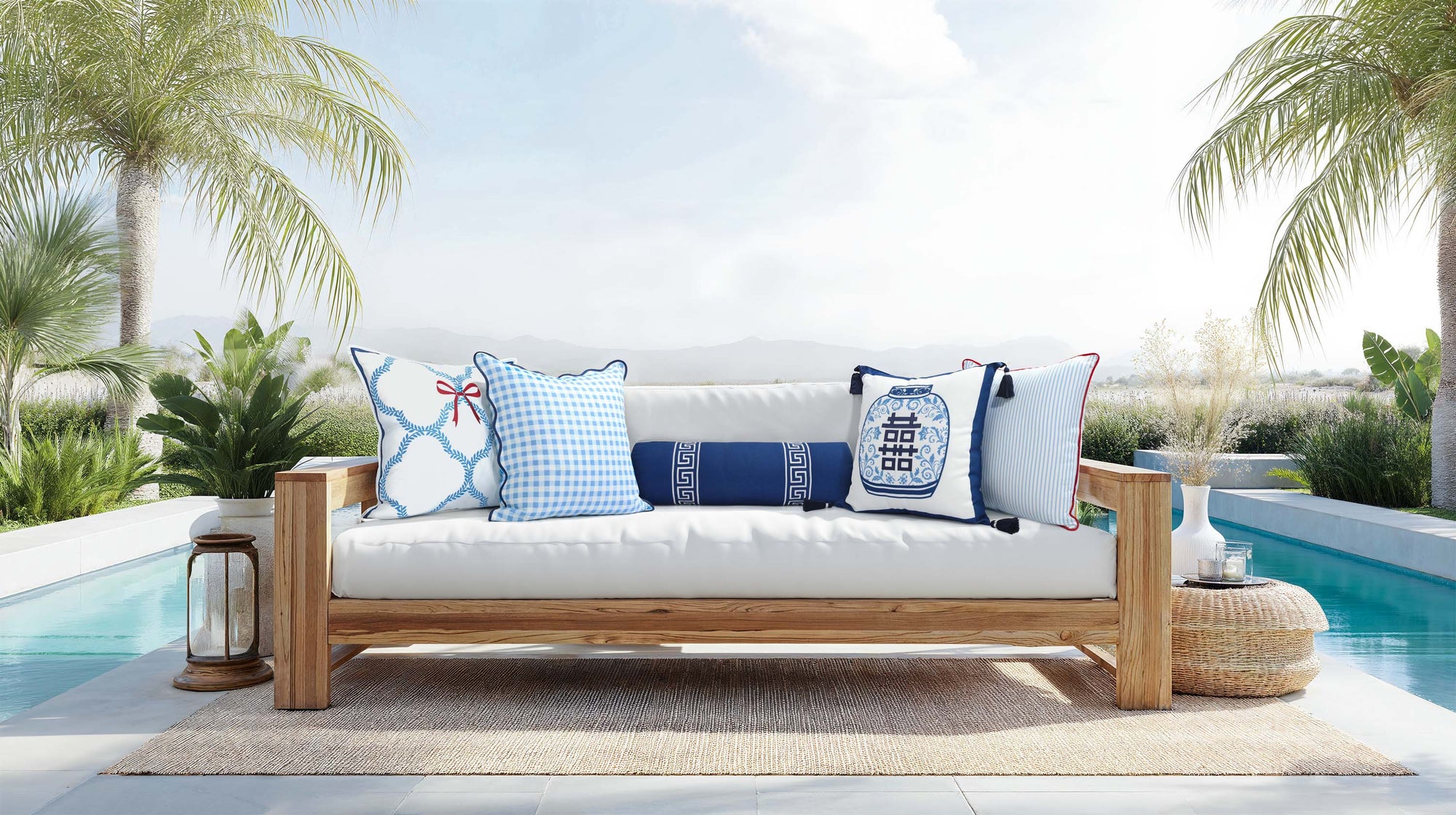 Coastline Stripes, Indoor/Outdoor Blue Striped Pillow Cover, with Red Piping, 20&quot;x20&quot;