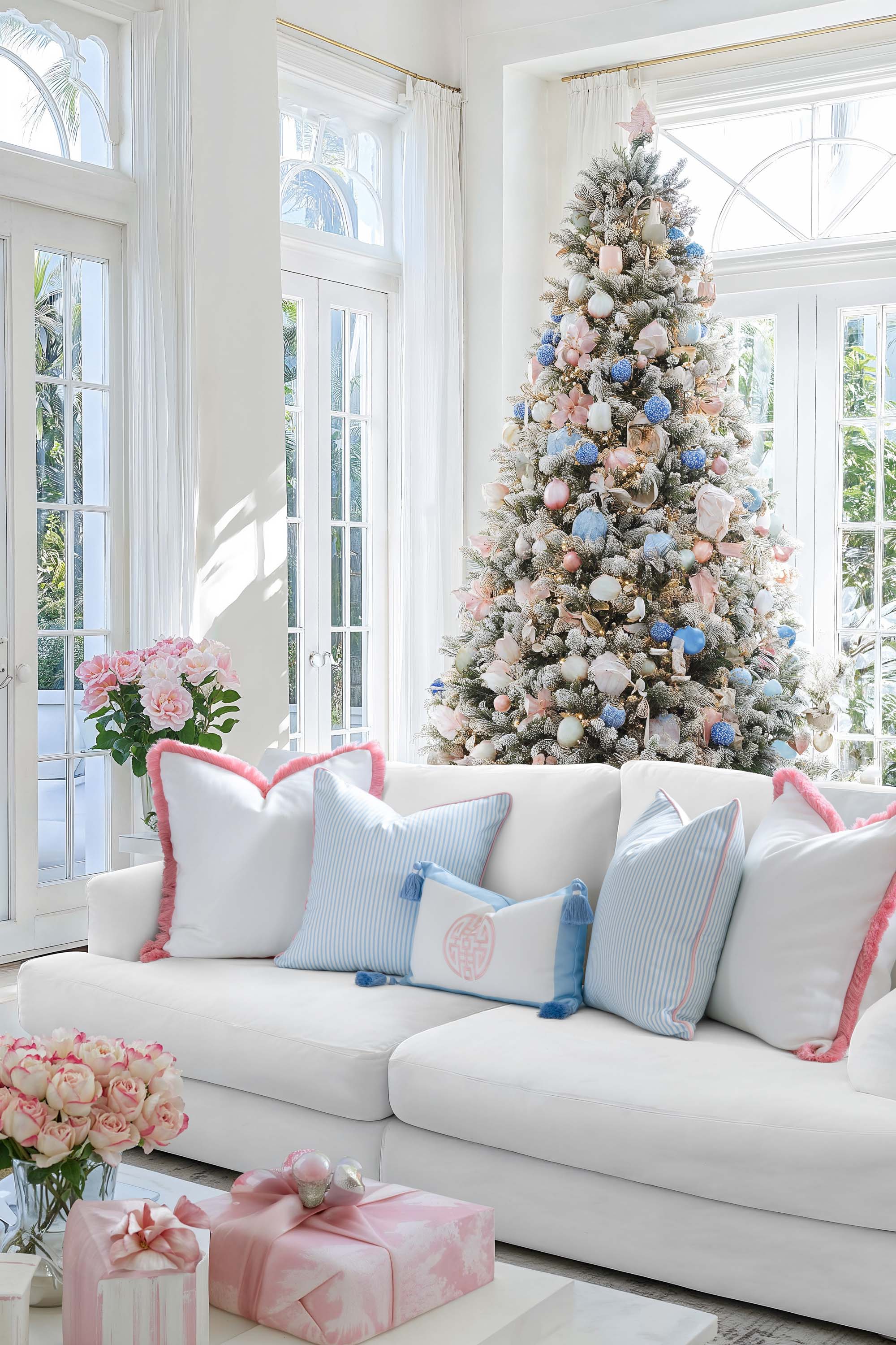 Coastline Stripes, Indoor/Outdoor Blue Striped Pillow Cover, with Pink Piping, 20&quot;x20&quot;