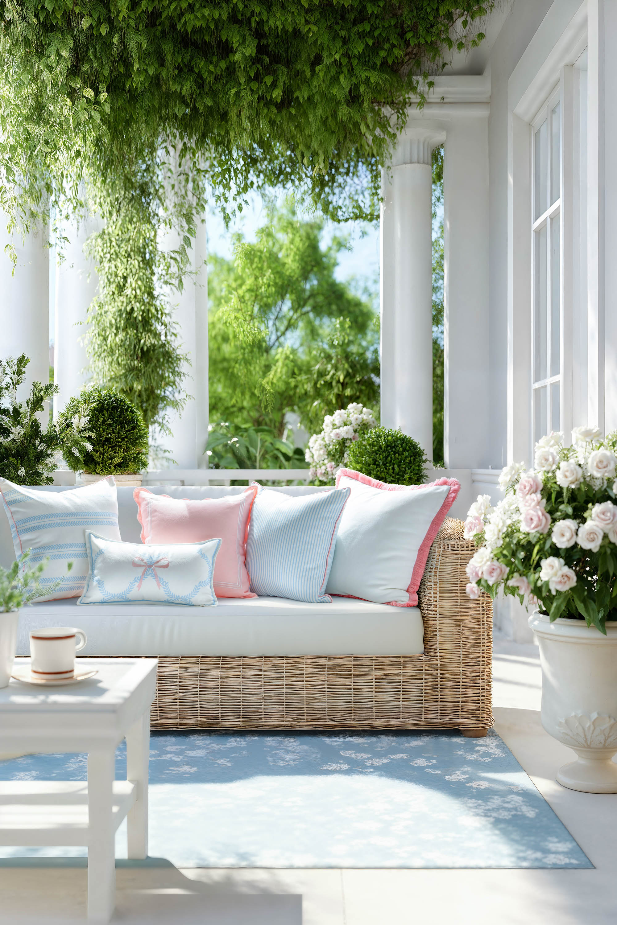 Coastline Stripes, Indoor/Outdoor Blue Striped Pillow Cover, with Pink Piping, 20&quot;x20&quot;