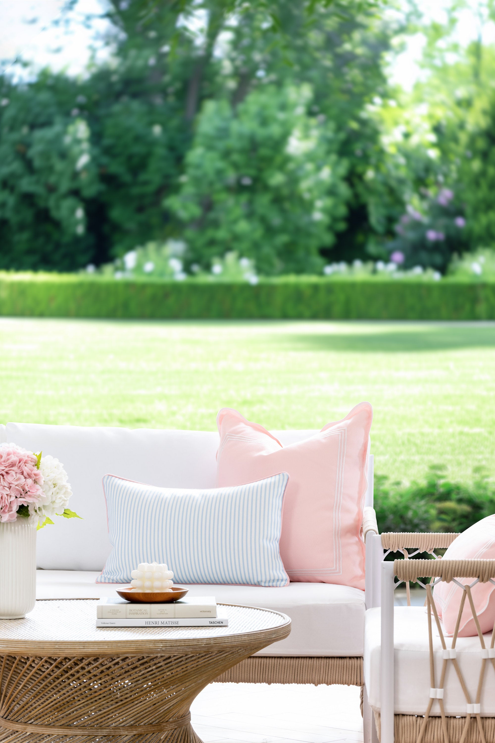 Coastline Stripes, Indoor/Outdoor Blue Striped Lumbar Pillow Cover, with Pink Piping, 12&quot;x20&quot;