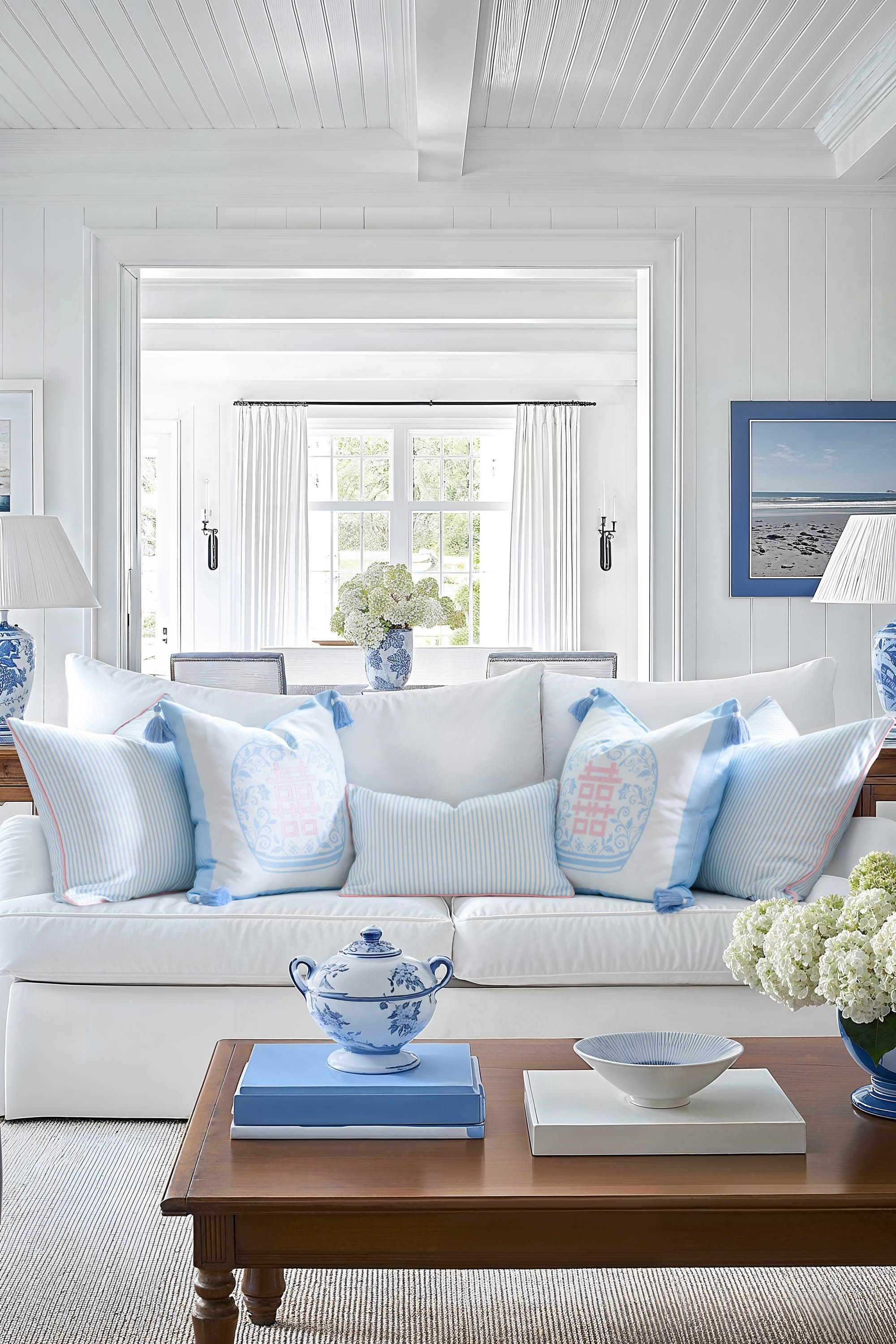 Coastline Stripes, Indoor/Outdoor Blue Striped Lumbar Pillow Cover, with Pink Piping, 12&quot;x20&quot;